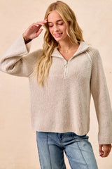 Trendsi BiBi Two Tone Rib Texured Knit Collared Top with Zip Up -