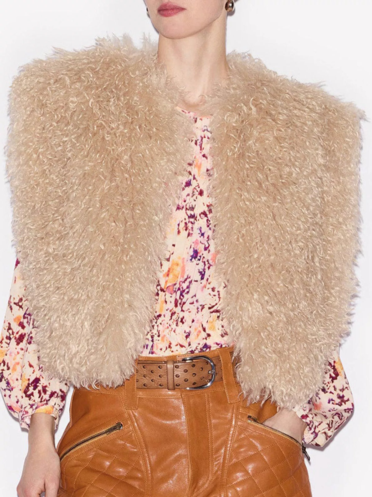Faux Fur Open Front Vest Coat in cream