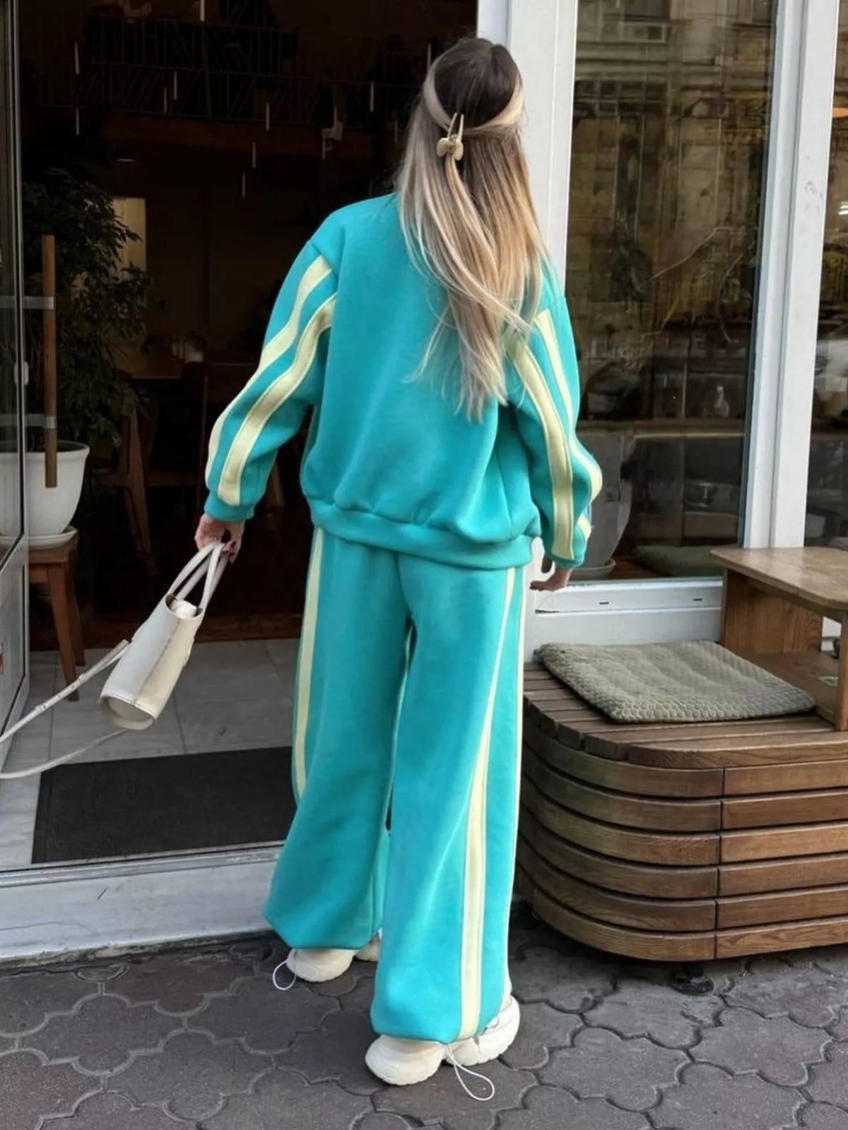 Trendsi Contrast Striped Zip Up Top and Pants Set -