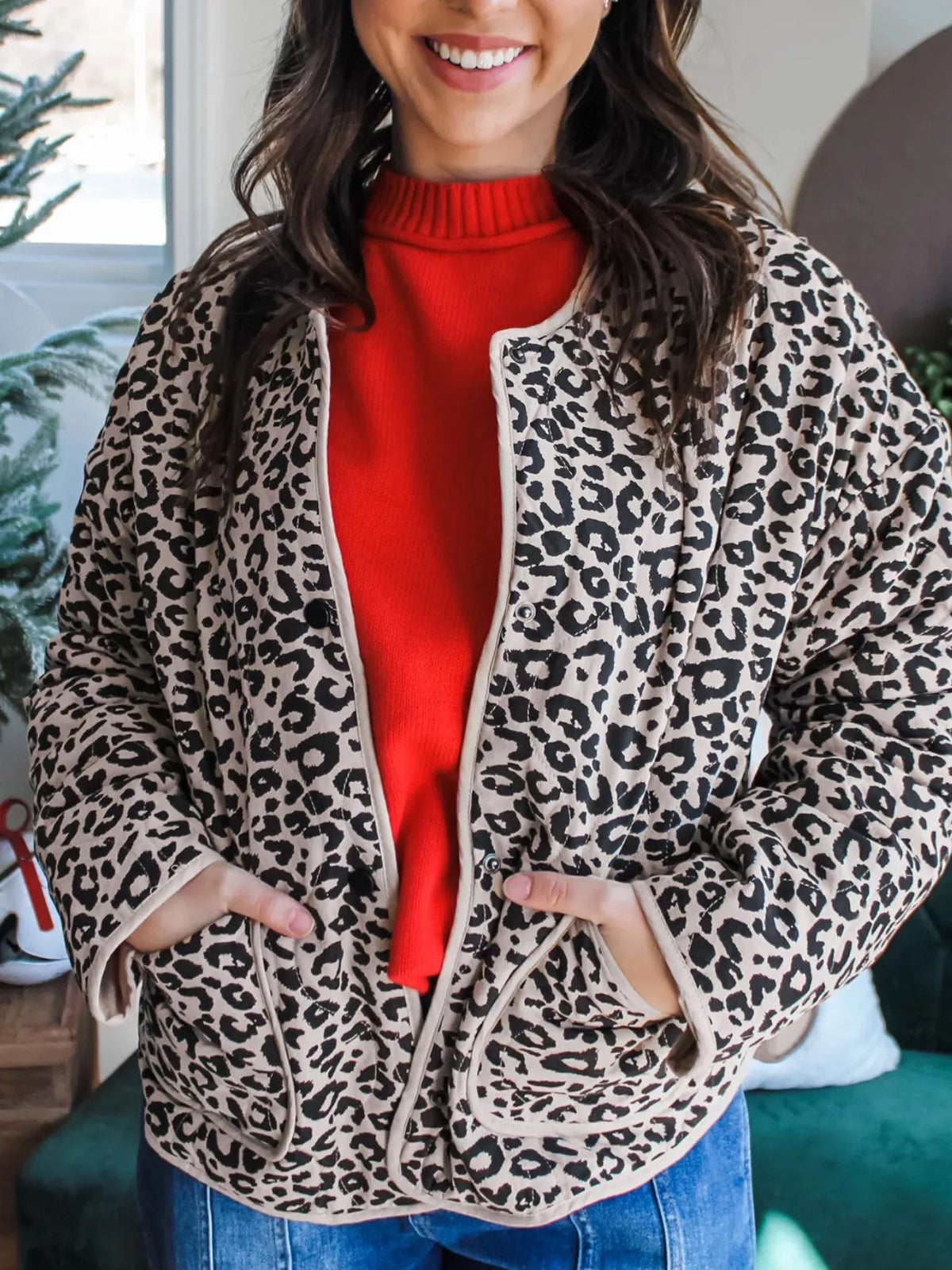 Black and white leopard leopard print long sleeve patch pocket jacket — front view
