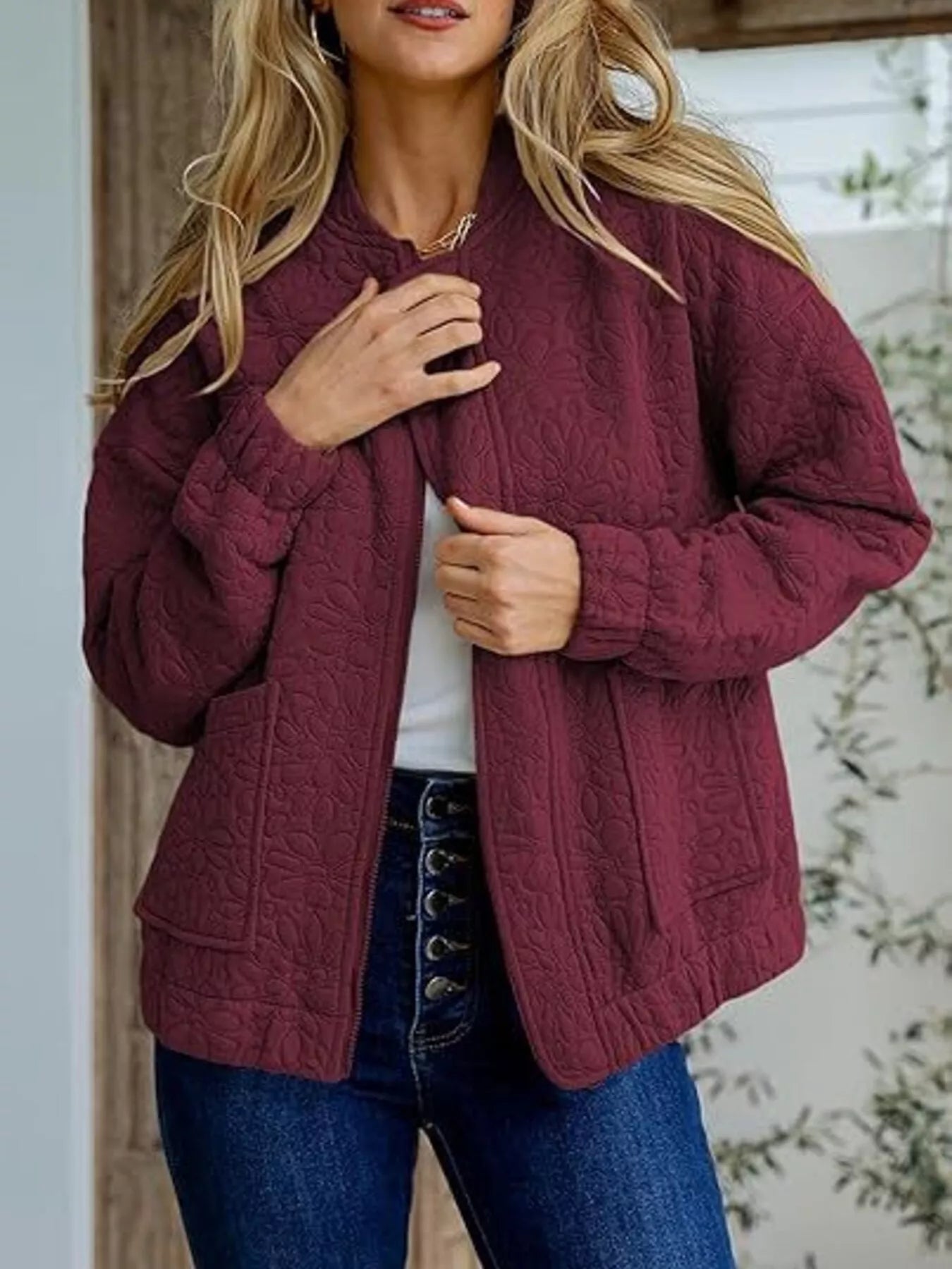 Trendsi Floral Quilted Zip Up Jacket -