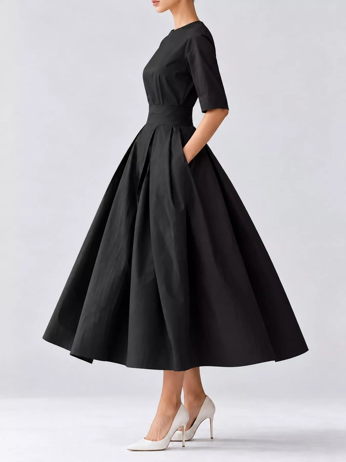 Round neck short sleeve midi dress, side view