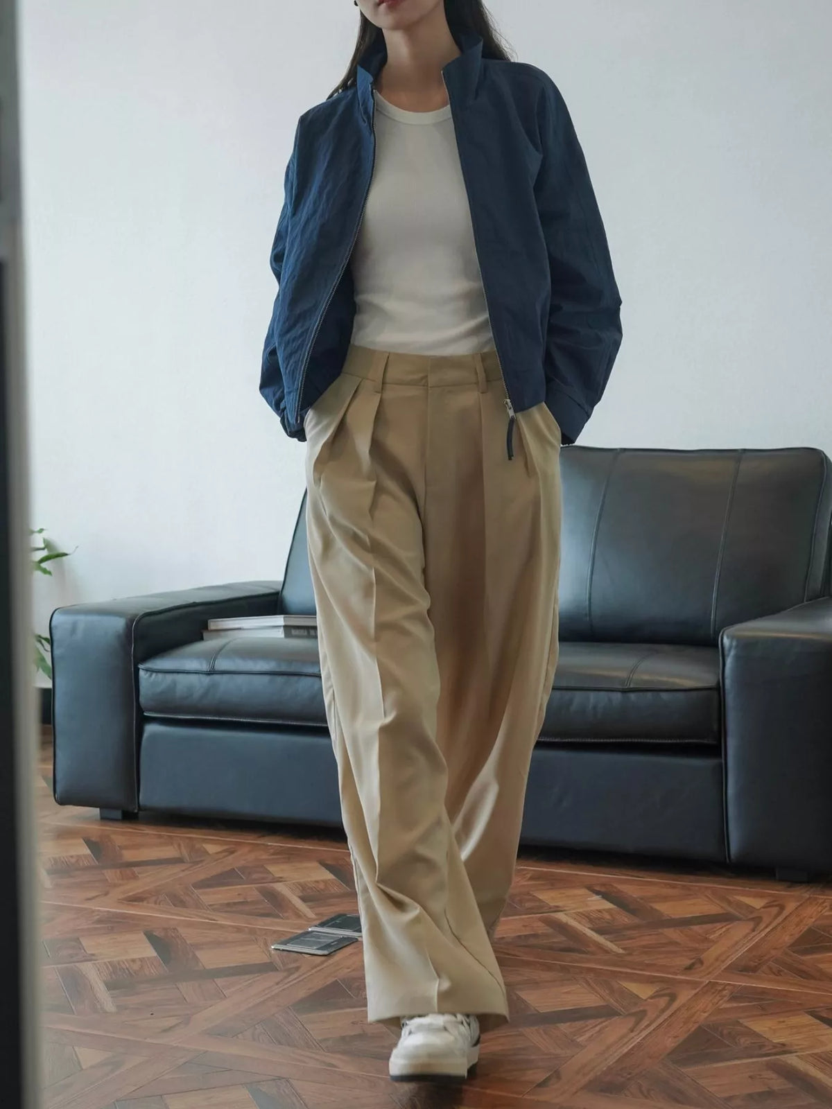 Women's High-Waisted Pleated Wide-Leg Pants in beige — front view