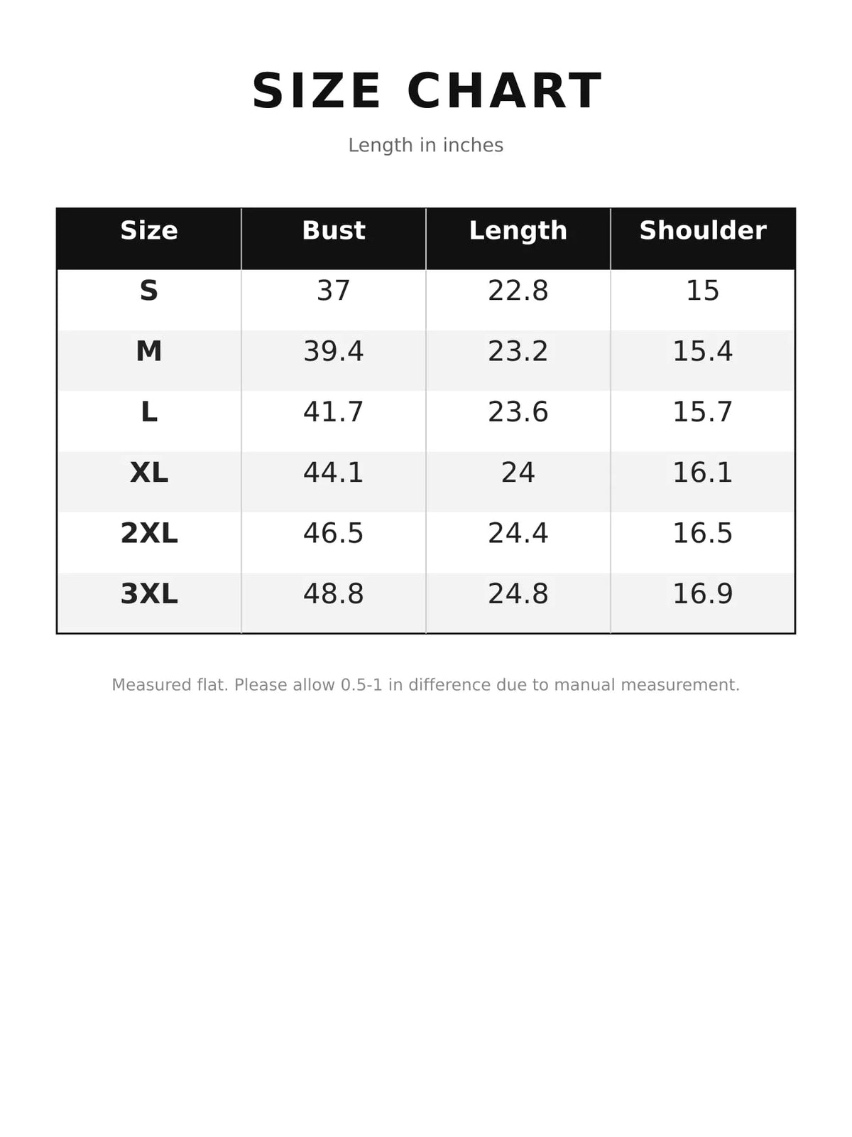 Size chart for zip-up bomber jacket