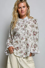Trendsi POL Floral Lace Trim Pintuck Button-Down Shirt -
