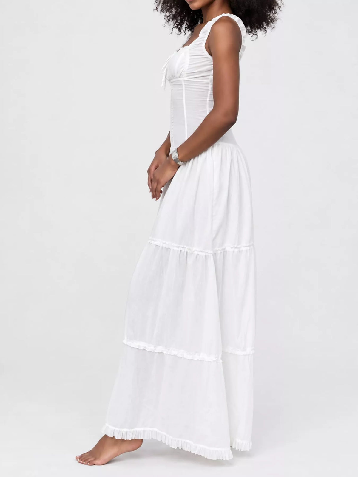 Women's Ruffled Square Neck Tiered Maxi Dress in white — side view