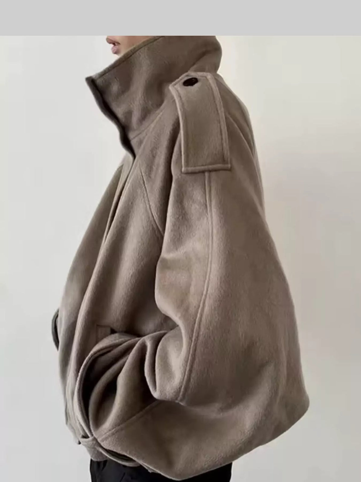 Taupe zip-up stand-collar jacket — side view