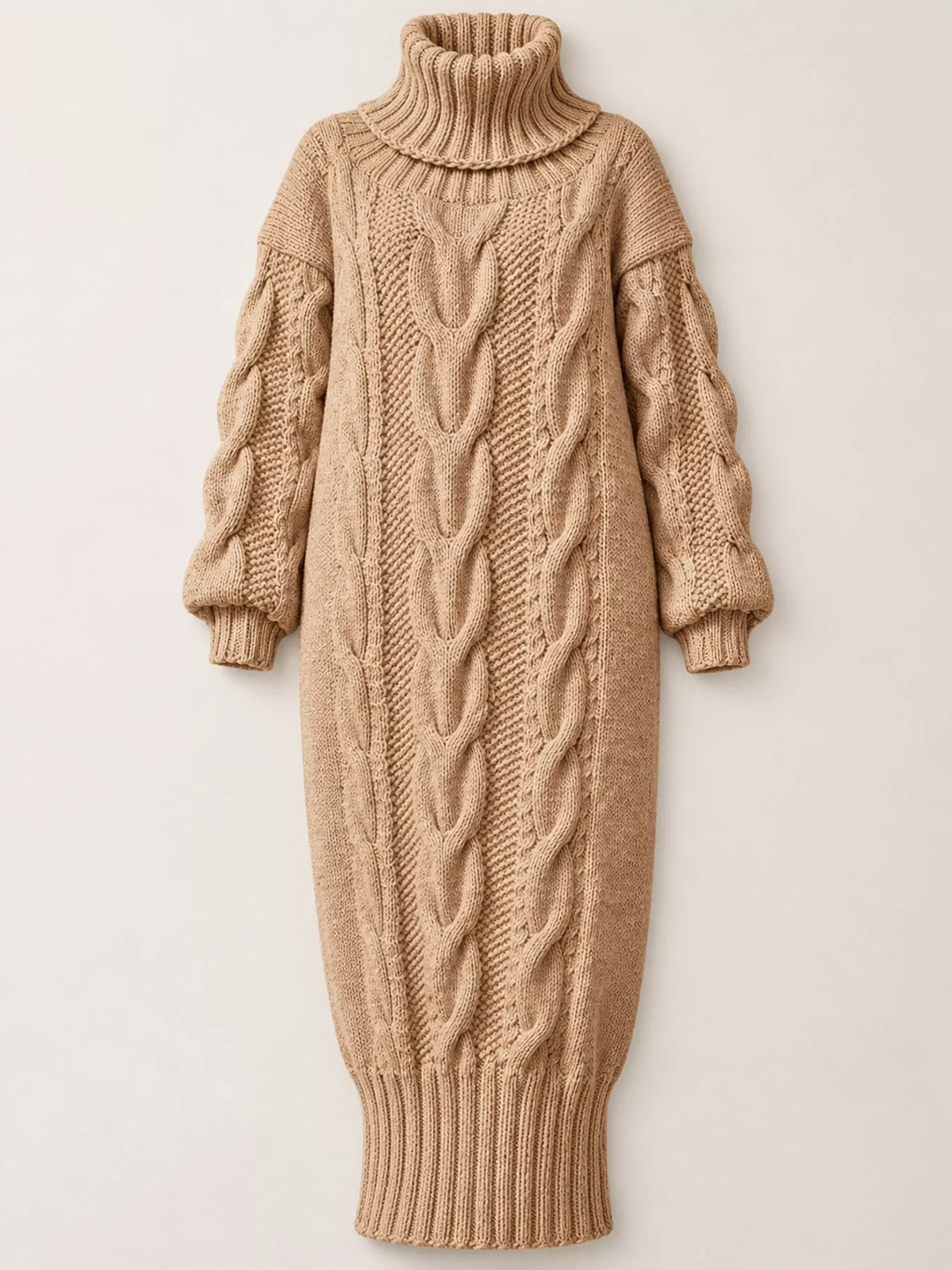Khaki oversized cable knit turtleneck sweater dress