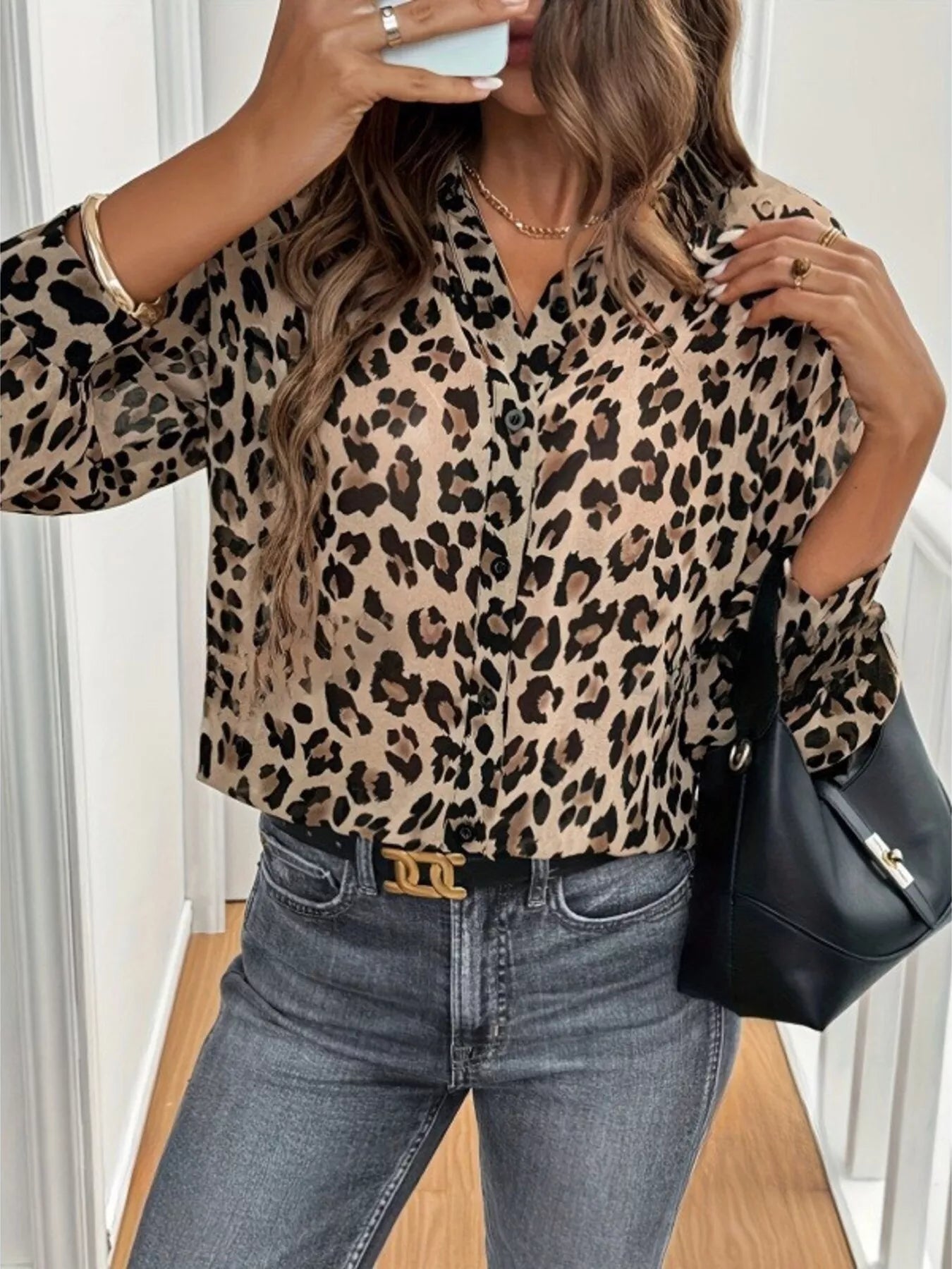 Trendsi Leopard Print Button-Down Long Sleeve Shirt -