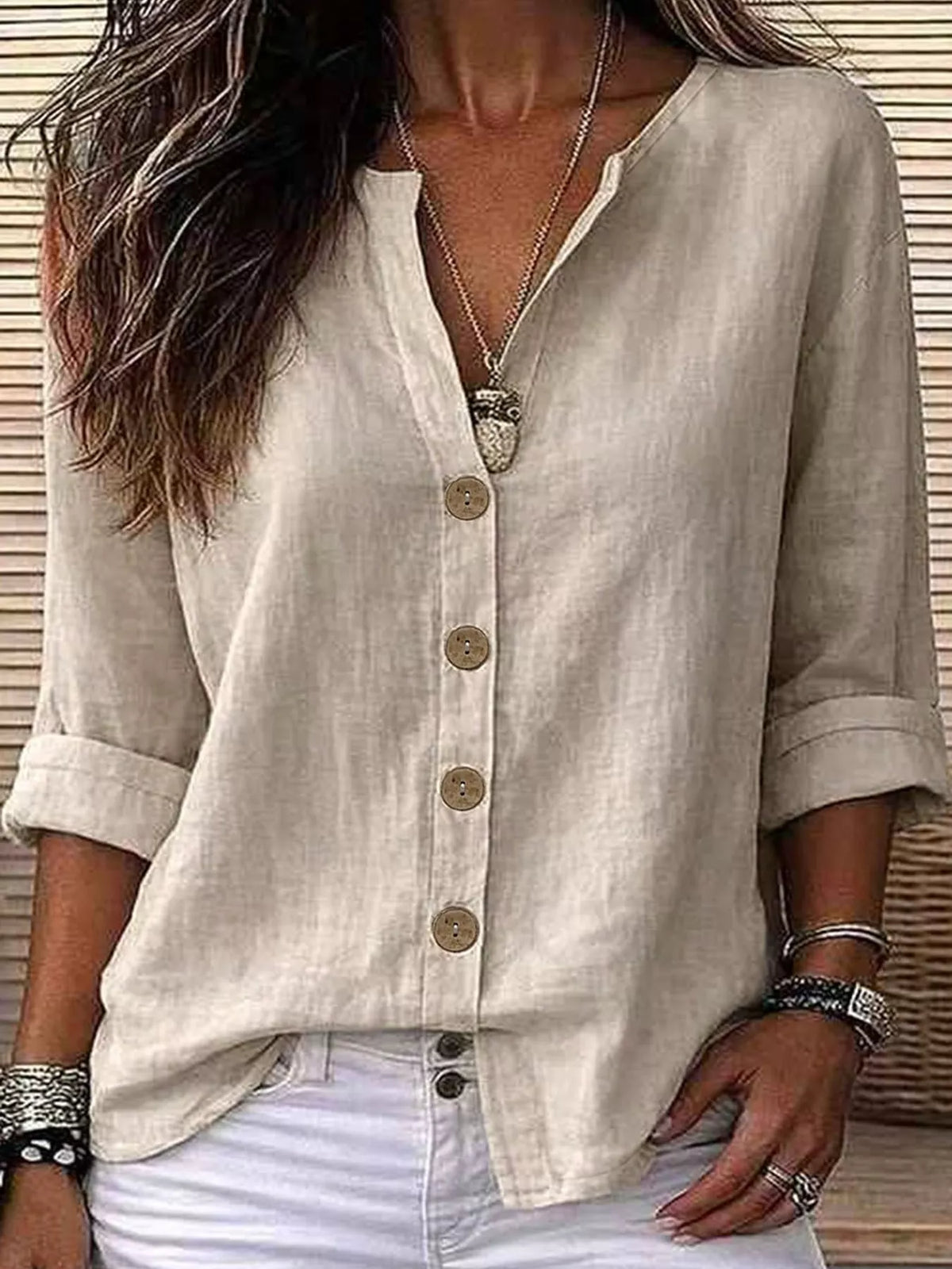 Notched-neck shirt, cream front
