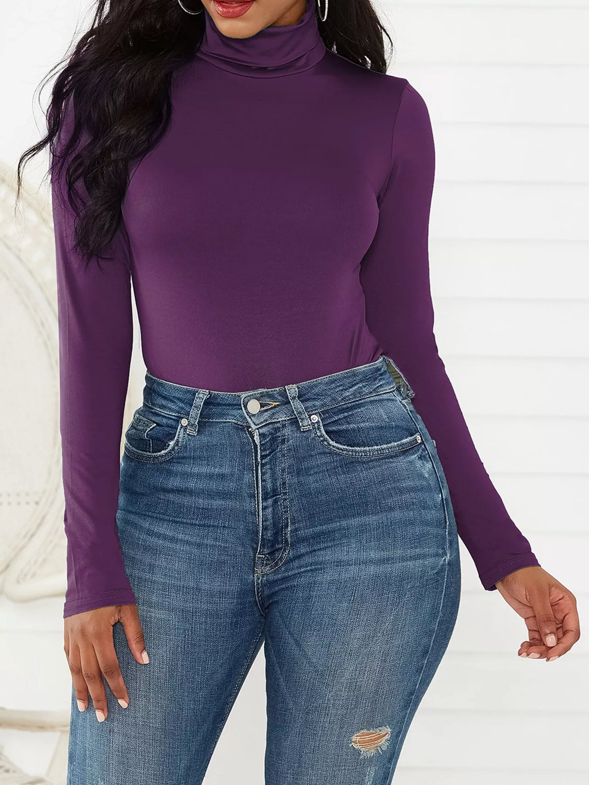 Long Sleeve Turtleneck Slim-Fit Bodysuit in fuchsia