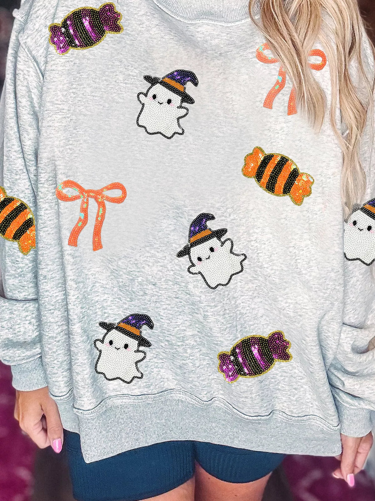 Women's Halloween Sequin Ghost Candy Pullover Graphic Sweatshirt in Light Gray, alternate view