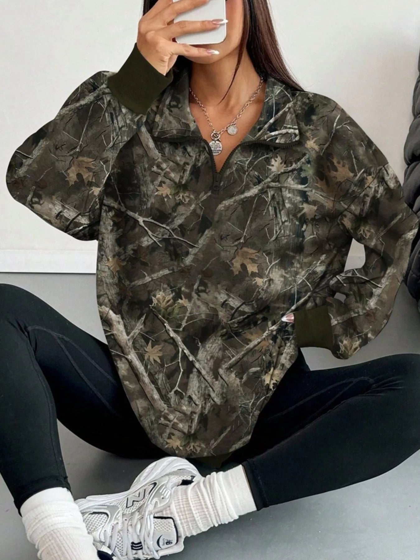 Trendsi Quarter-Zip Printed Sweatshirt with Ribbed Cuffs -