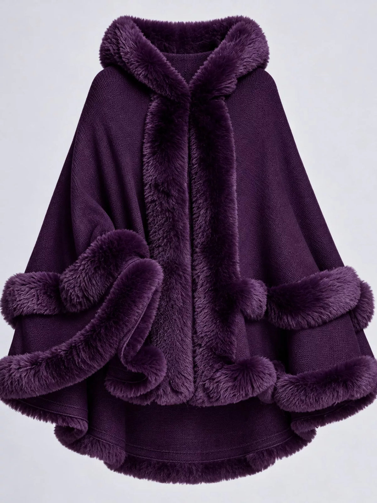 Faux-fur-trim cape, purple flat lay