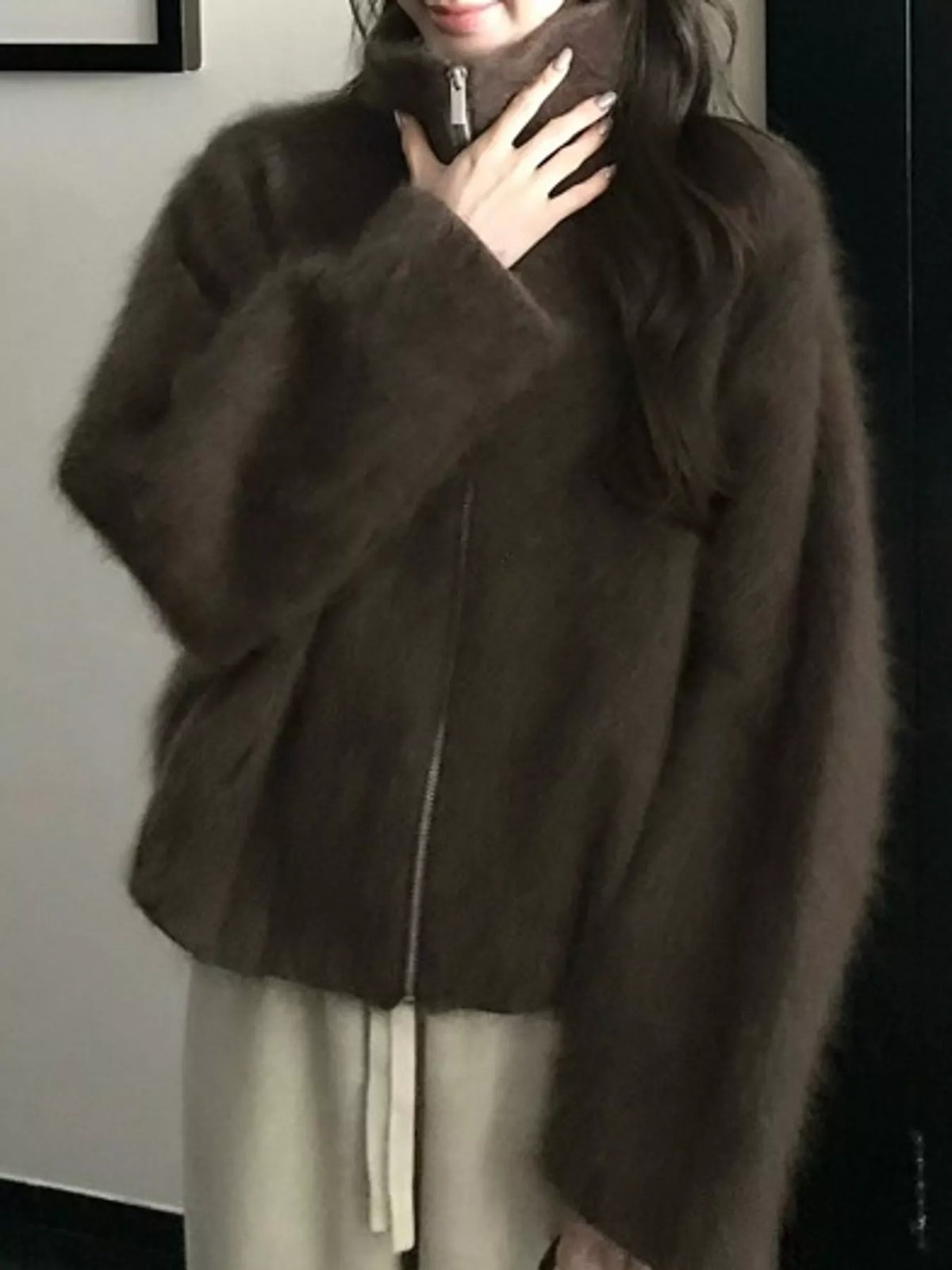 Fuzzy Zip-Up Stand Collar Jacket, detail view in brown