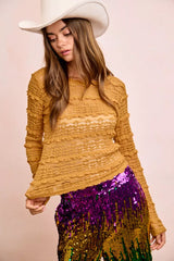 Trendsi BiBi Ruffles Detail Mardi Gras Color Flower Lace Top -