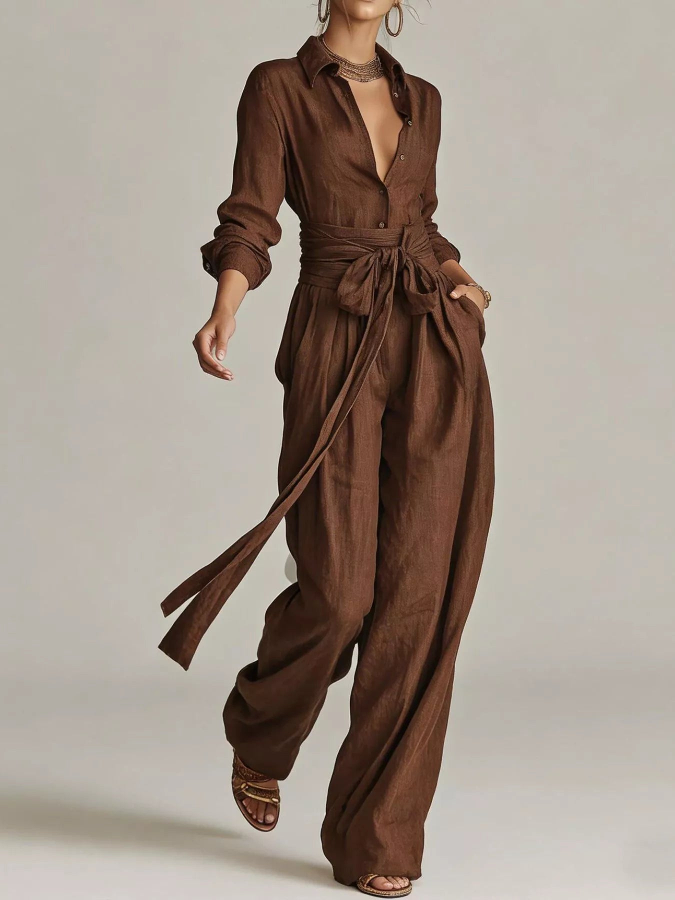 Trendsi Long-Sleeve Button-Down Waist-Tie Jumpsuit -