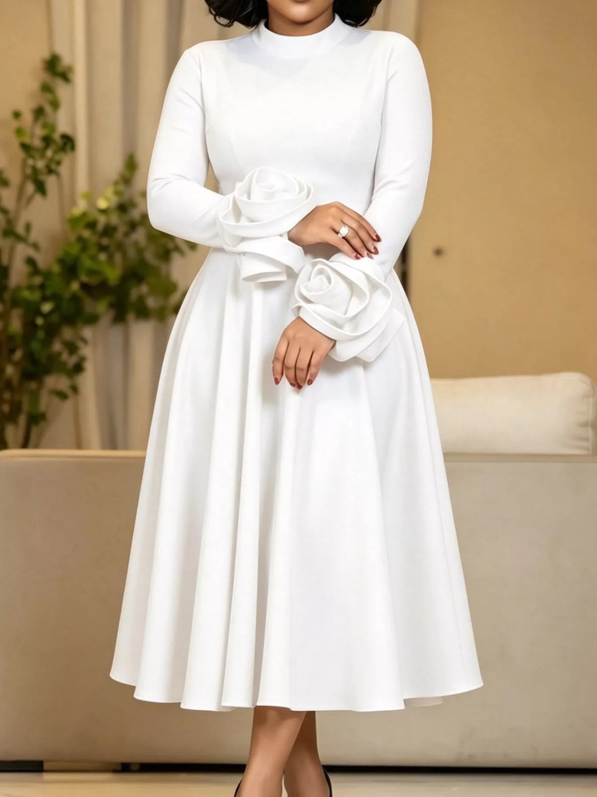 Mock neck long sleeve midi dress, front view on model