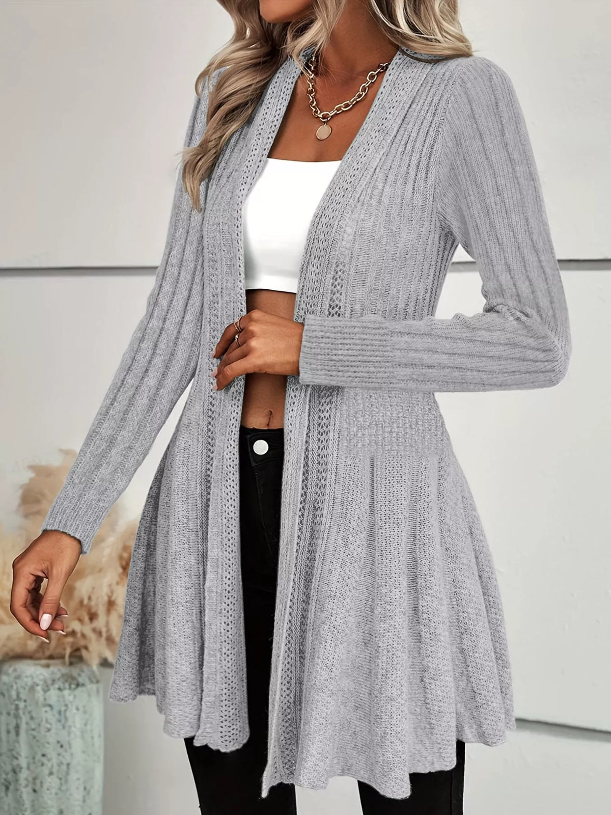 Light Gray ribbed knit open front flared cardigan