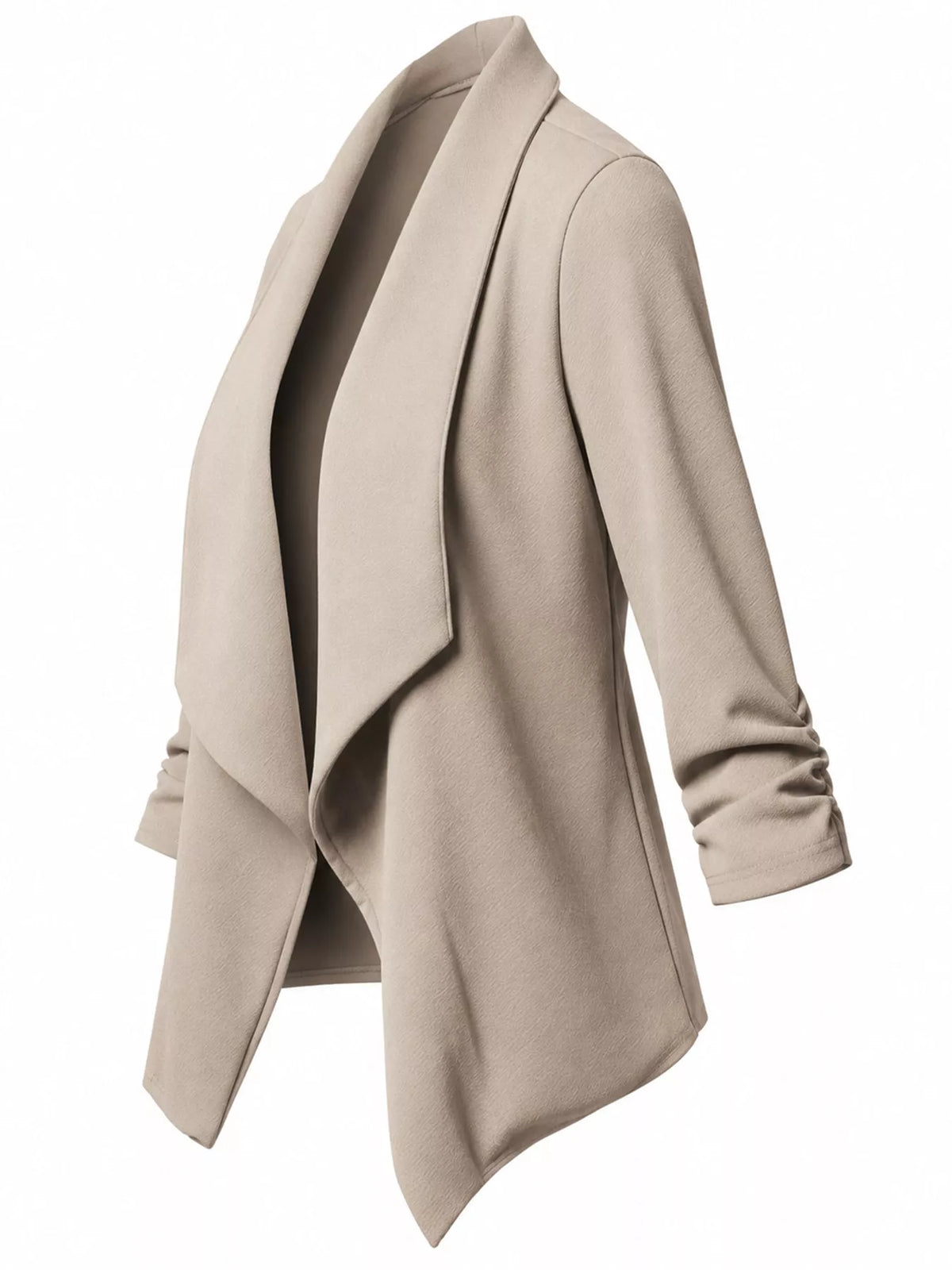 Beige open-front blazer with ruched 3/4 sleeves, side view