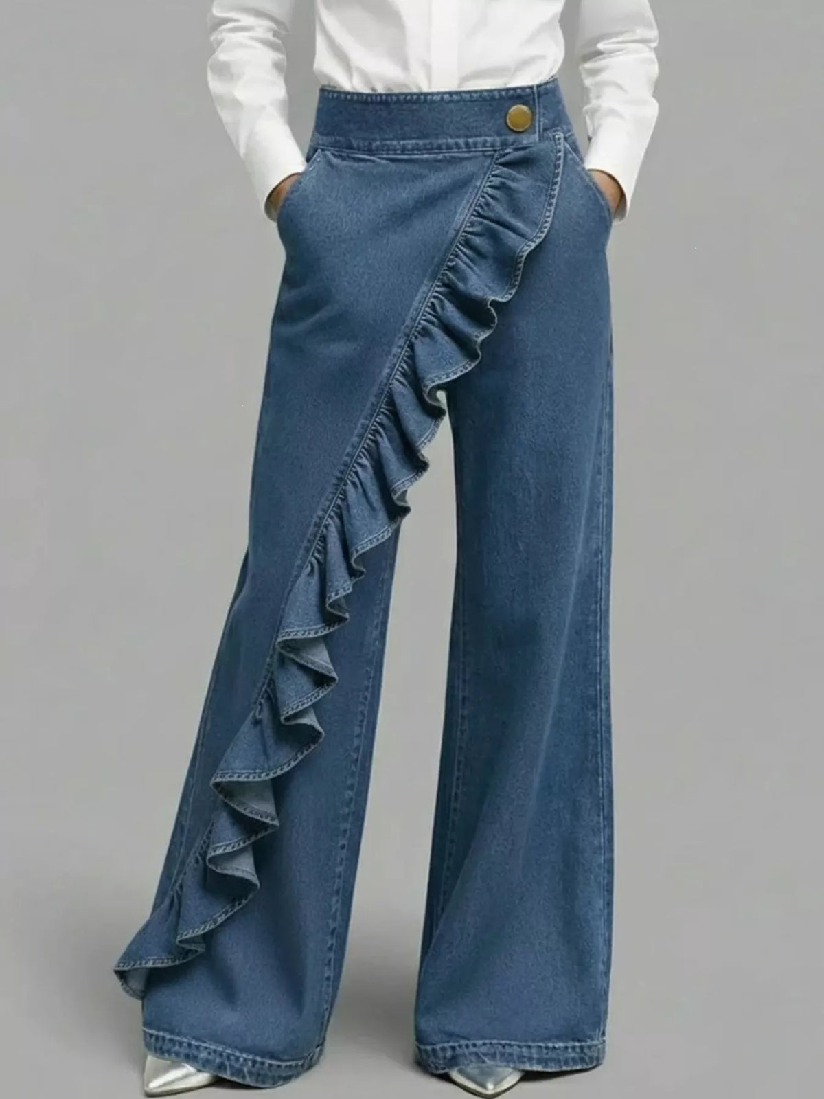 Blue ruffled wide-leg pants — front view