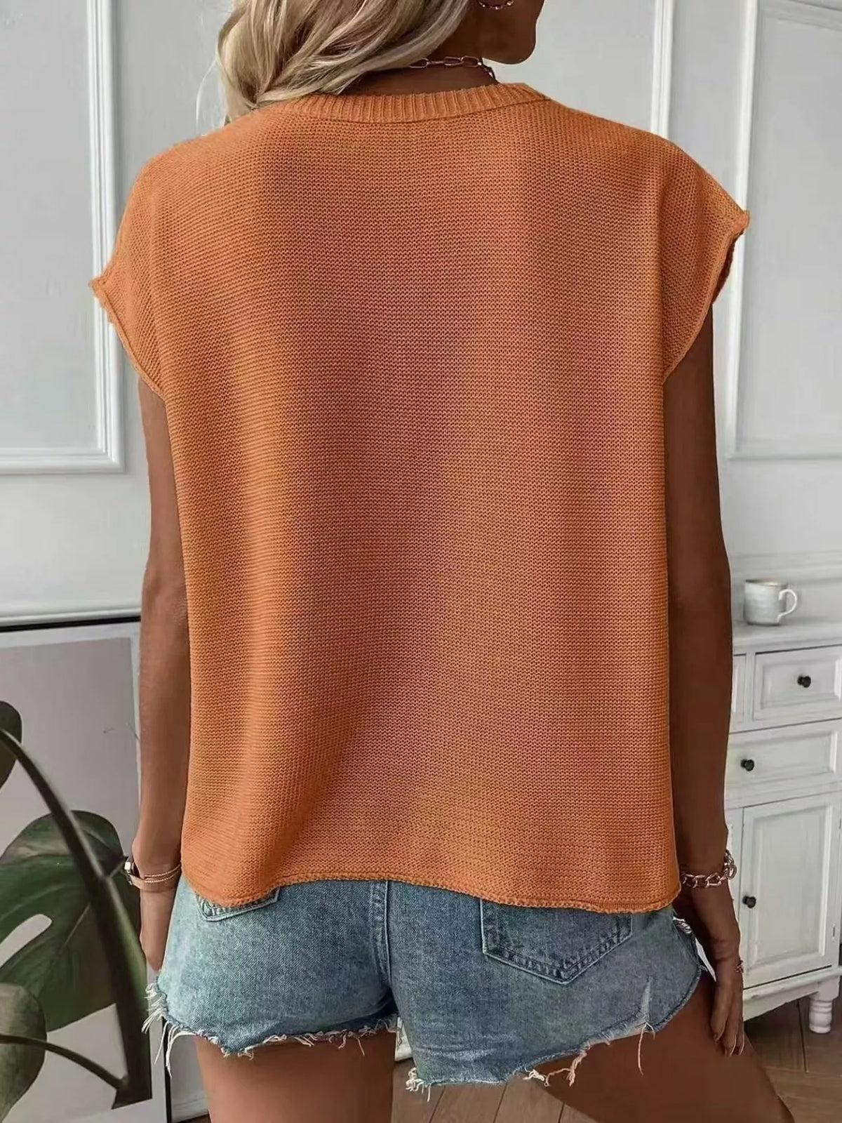 Women's Seam Detail V-Neck Sweater Vest in orange — back view