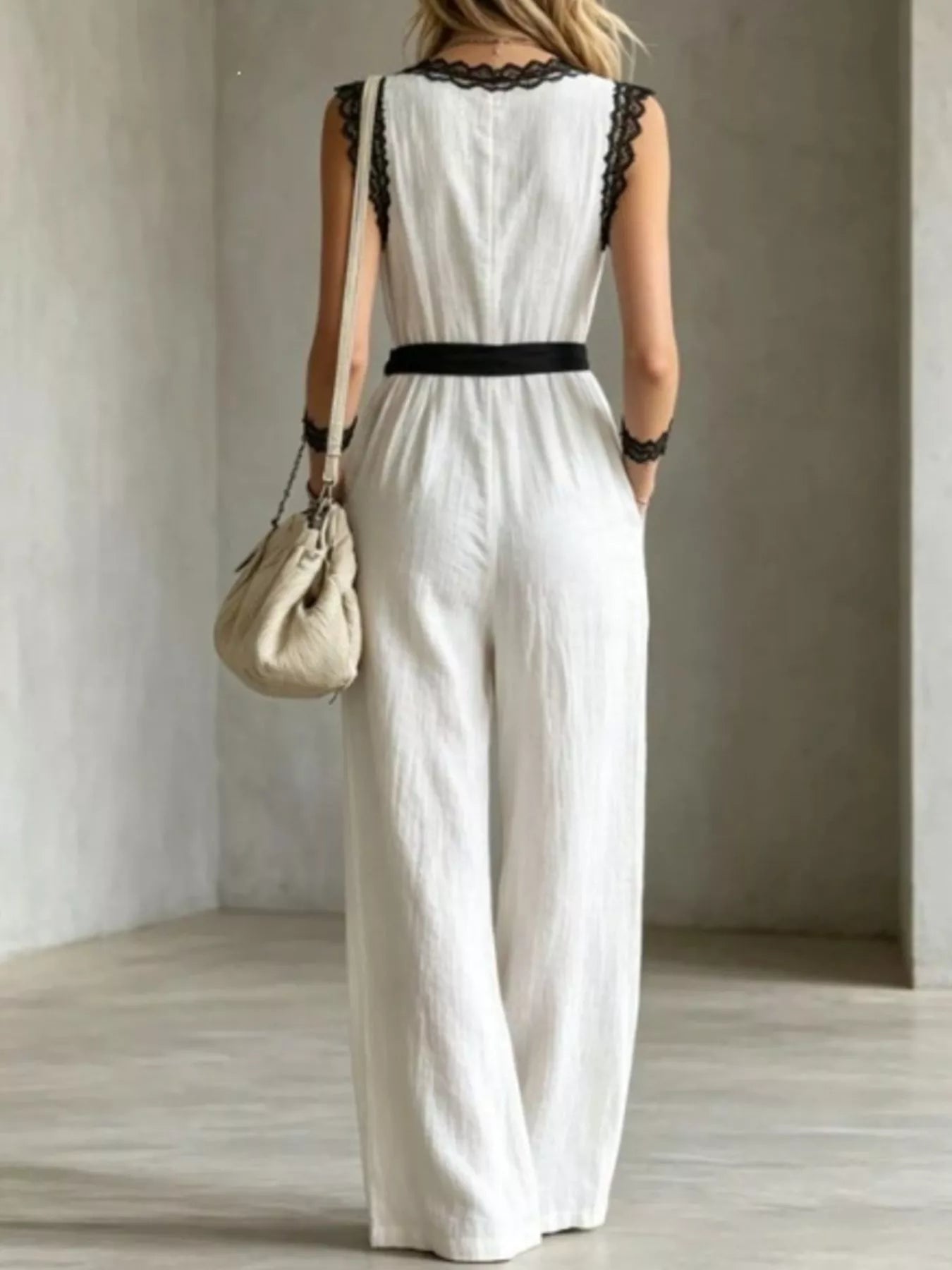 Trendsi Lace Trim Sleeveless Wide Leg Jumpsuit -