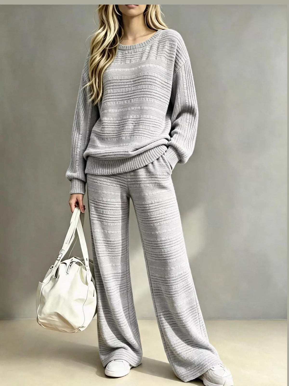 Ribbed Knit Top and Wide-Leg Pants Set — front view