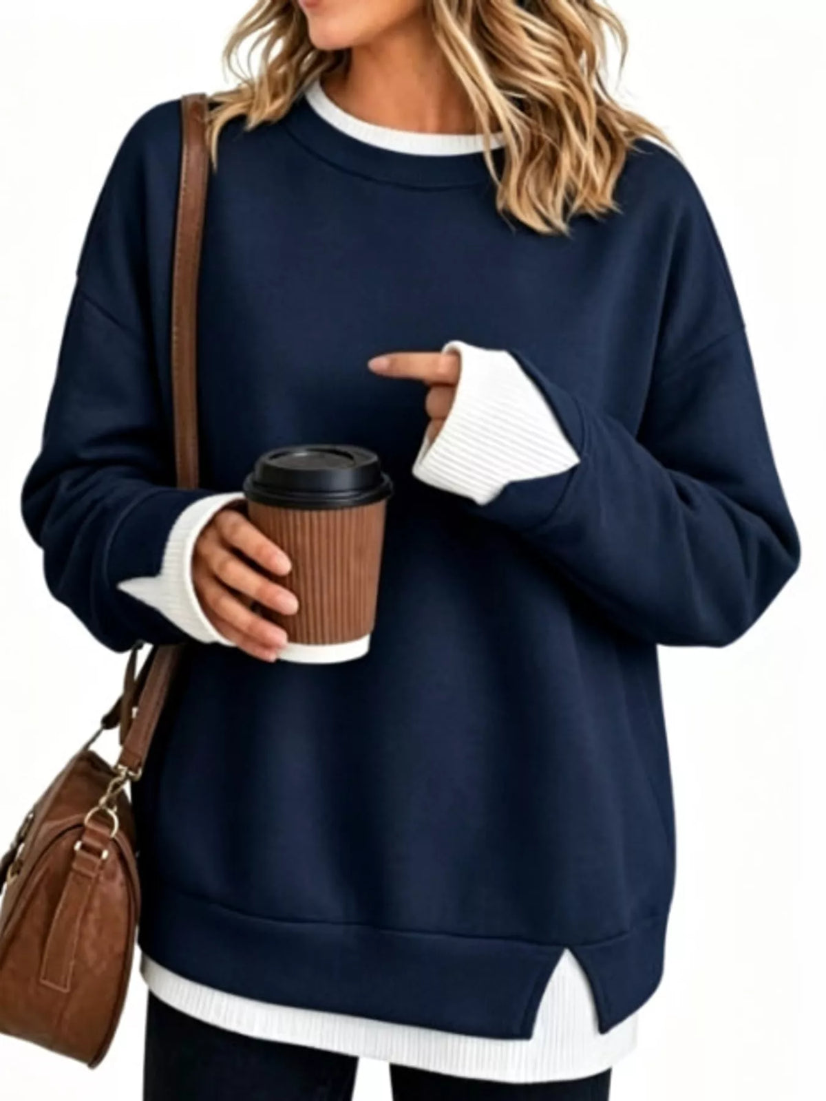 Layered Look Crew Neck Sweatshirt in navy, front view