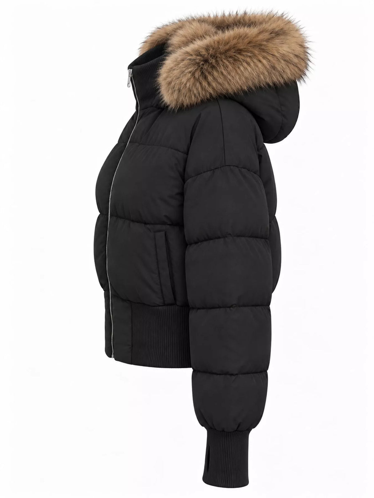 Faux Fur Hooded Puffer Jacket — side view