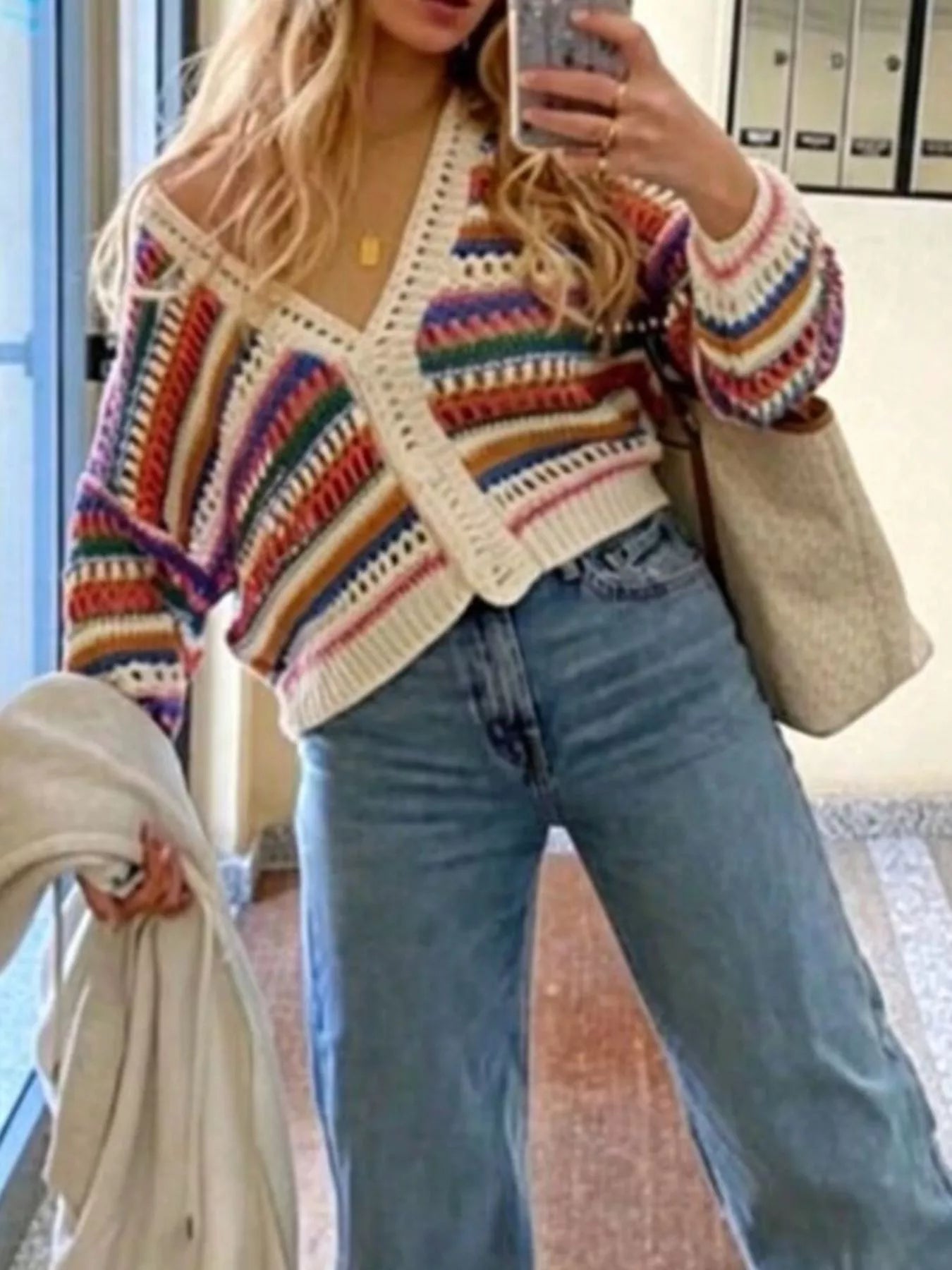 Trendsi Striped Crochet Knit Cardigan -