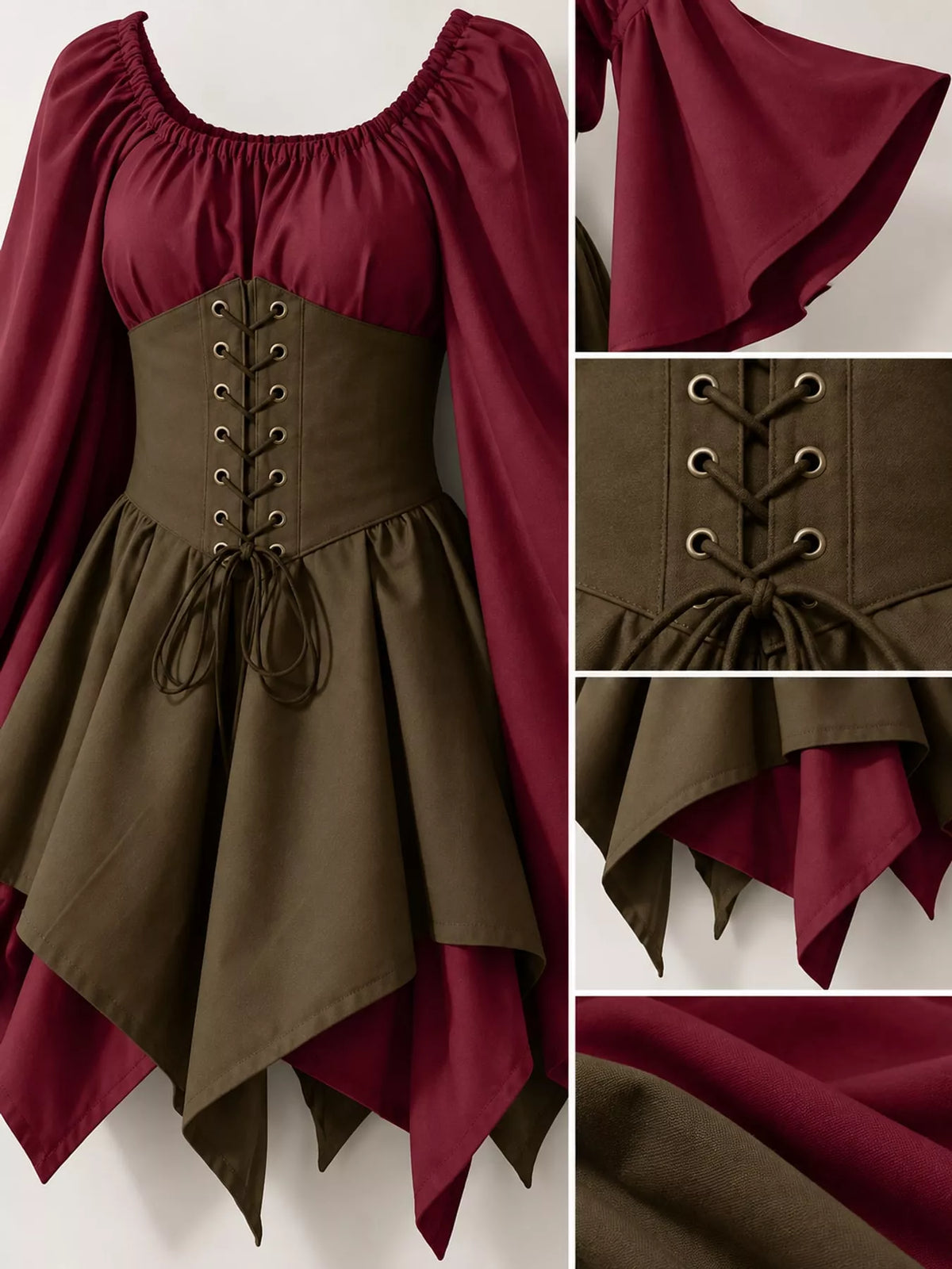 Lace-up asymmetric dress, burgundy olive lace up bodice detail
