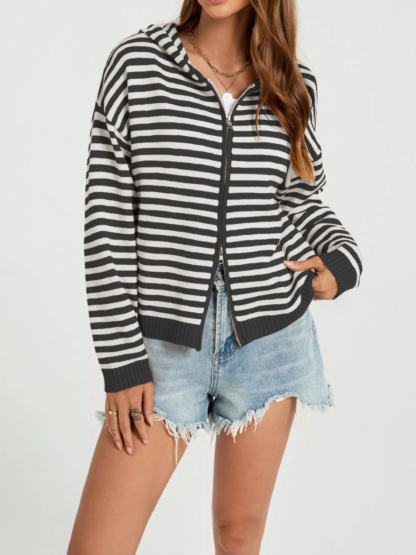 Trendsi Striped Hooded Zip-Up Knit Cardigan -