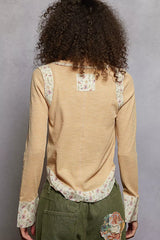 Trendsi POL Floral Patch V-Neck Long Sleeve Ribbed Top -