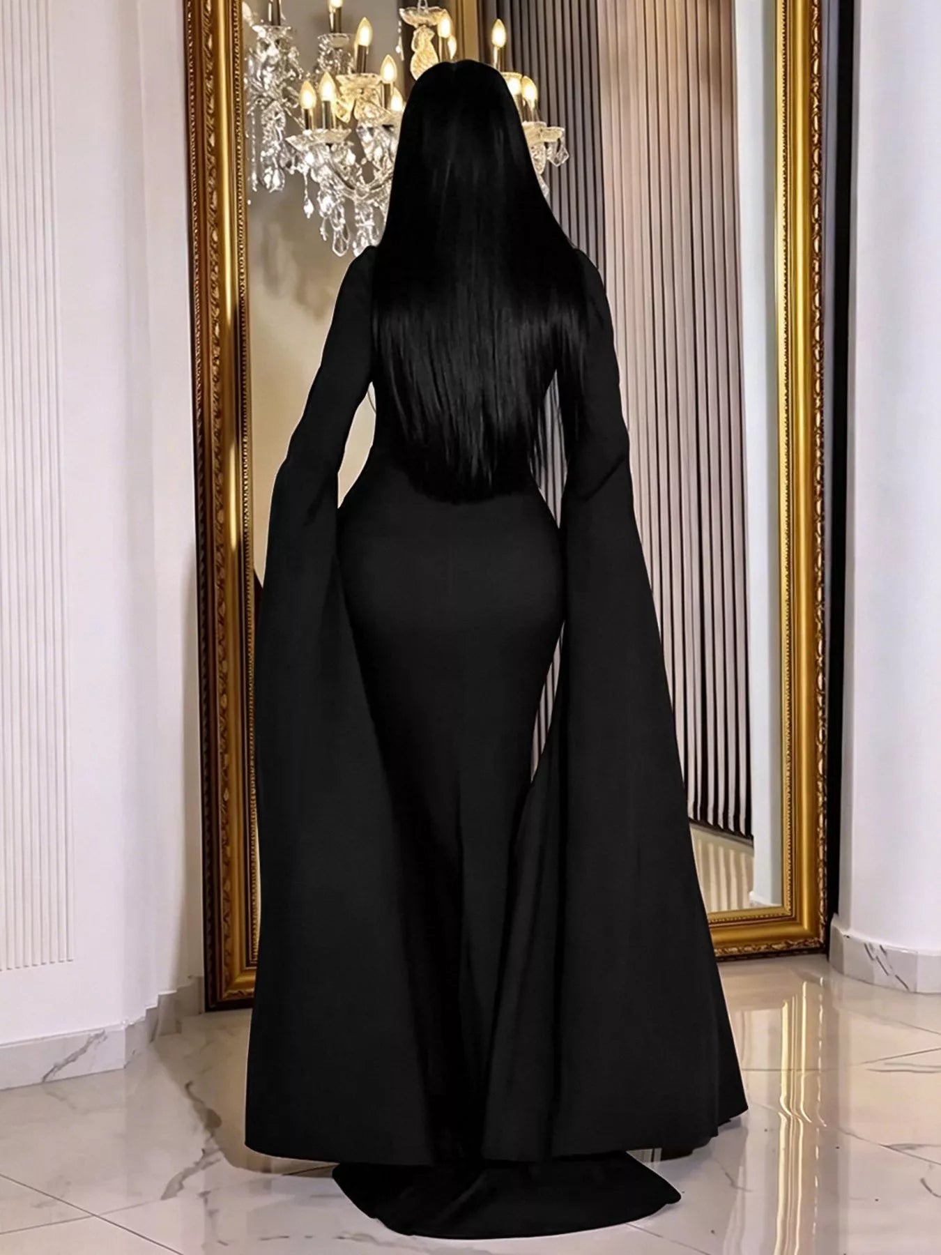 Trendsi Rhinestone Slit Flare Sleeve Cape Maxi Dress -