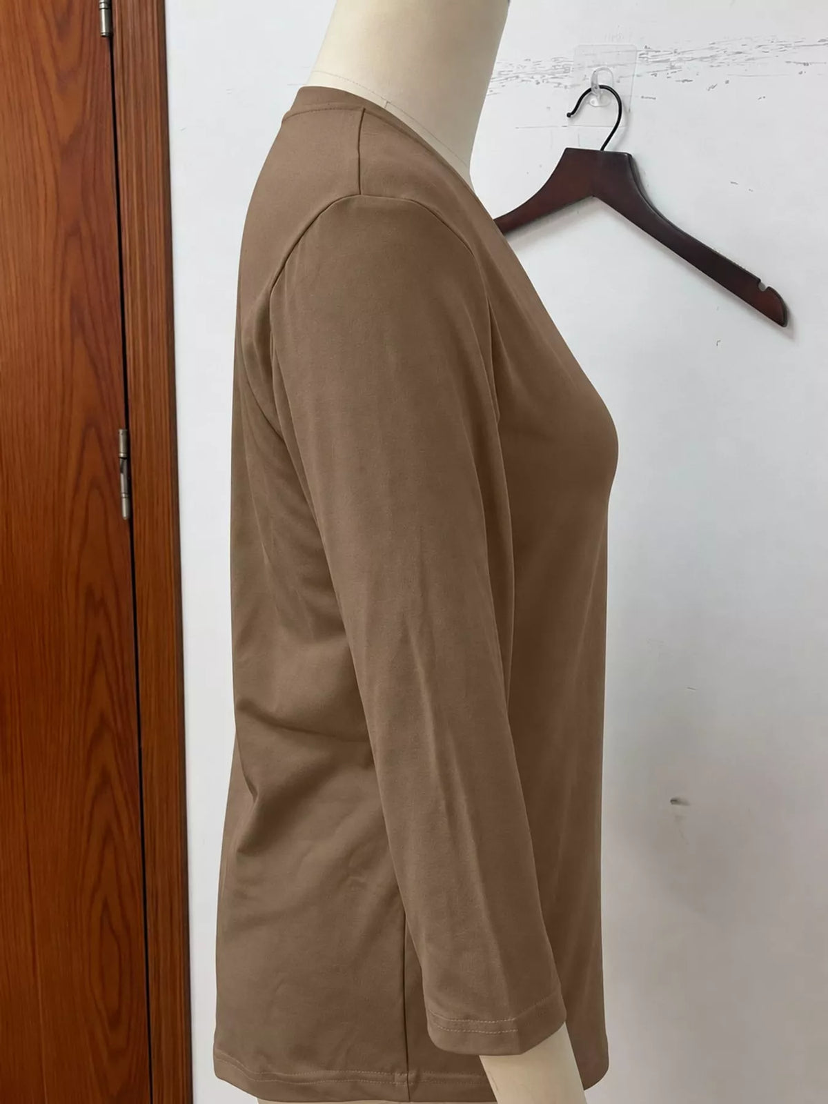 Brown v-neck half sleeve t-shirt, detail view