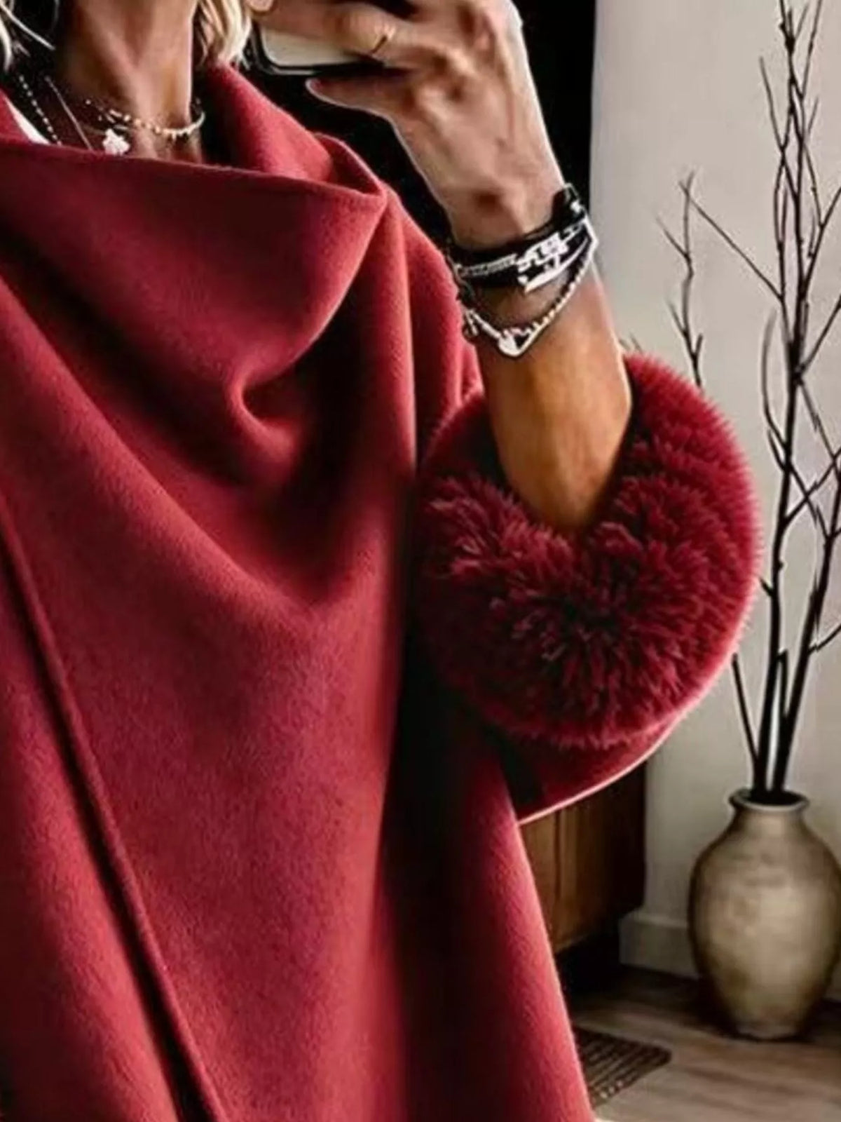 Asymmetric Buttoned Jacket with Faux Fur Cuffs, cuff detail