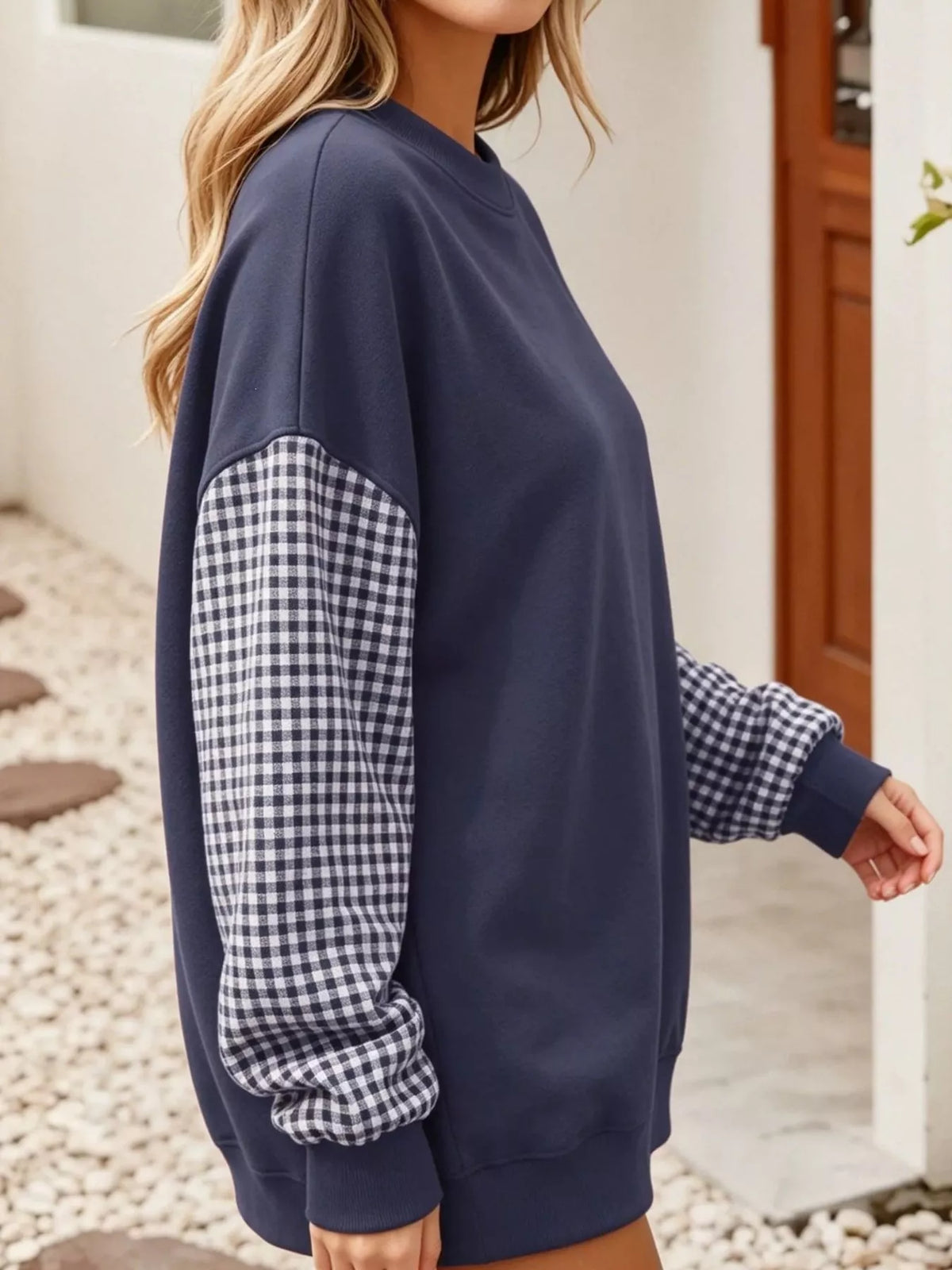 Navy blue and white gingham sleeve dropped shoulder sweatshirt, side view