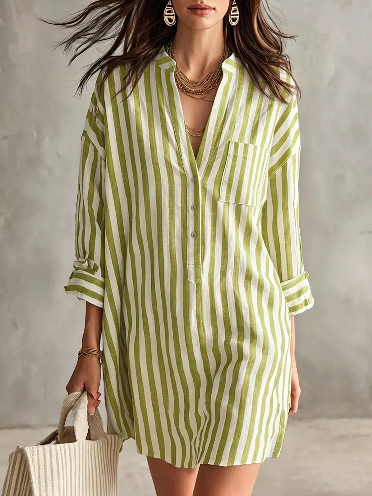 Trendsi Full Size Striped Linen Shirt Mini Dress Plus Size -