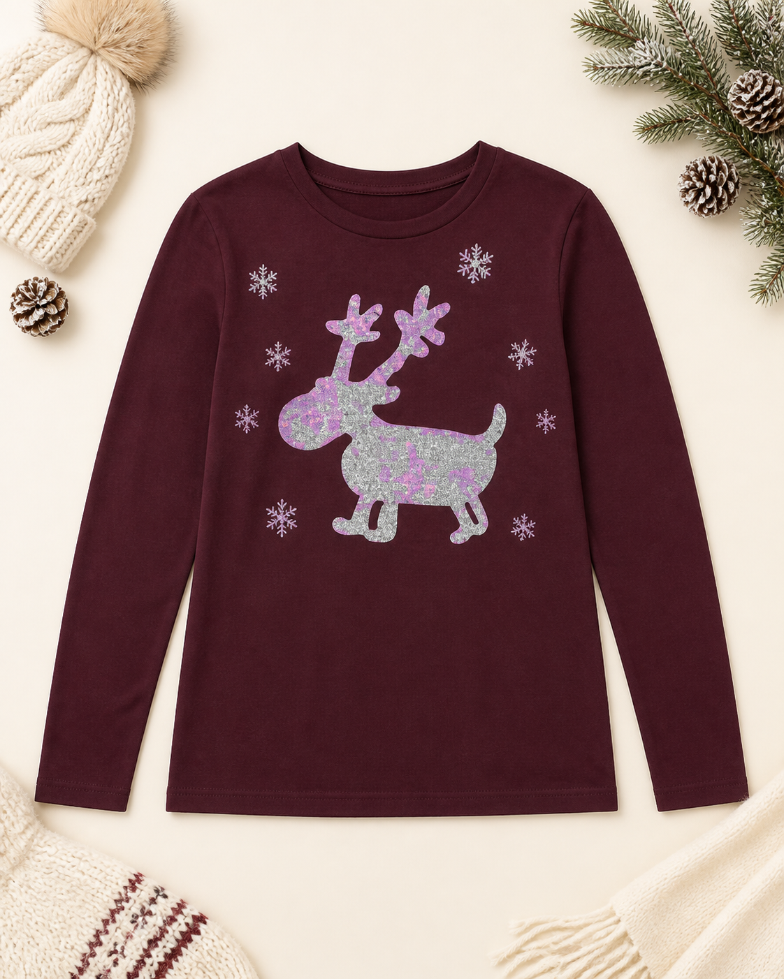 Niobe Clothing Cute Glitter Moose Long Sleeve Top - T-Shirts holiday