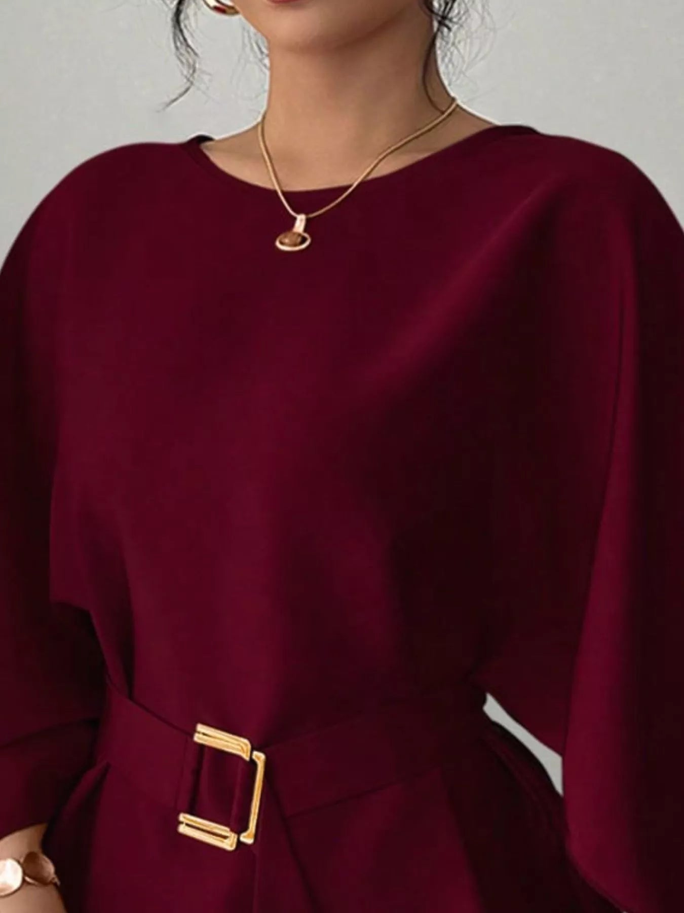 Round-neck belt batwing-sleeve blouse