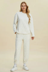 Trendsi Double Take Full Size Texture Round Neck Long Sleeve Top and Pants Set -