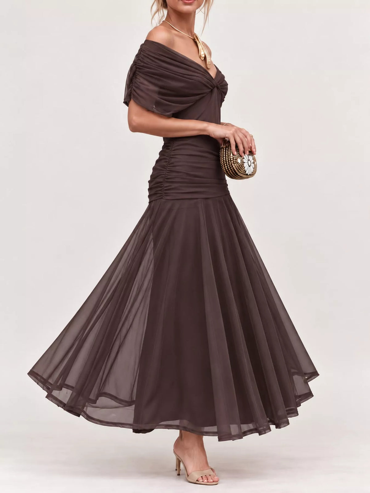Brown off shoulder ruched tulle evening dress, side view
