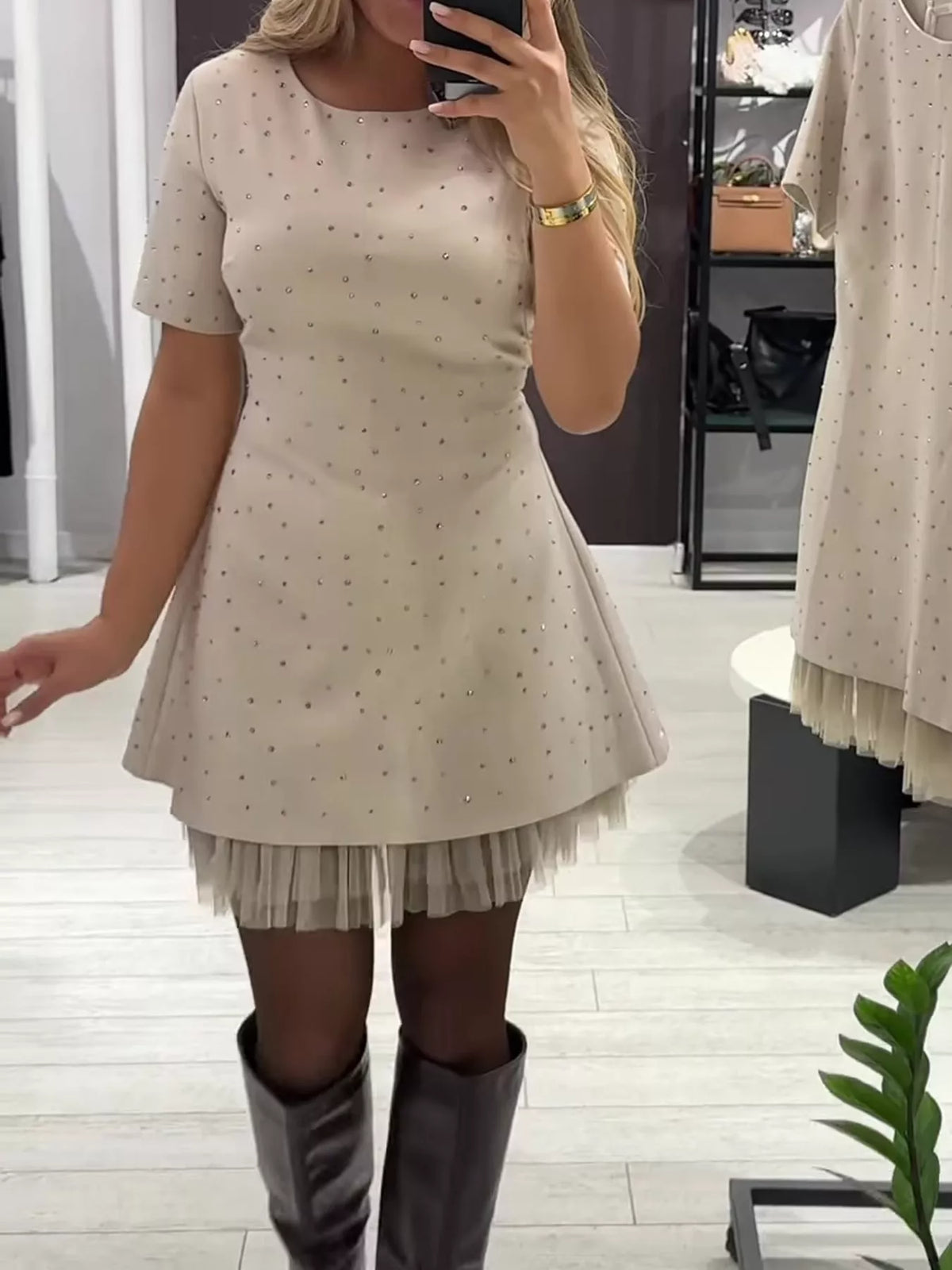 Beige rhinestone a line mini dress with tulle hem, front view