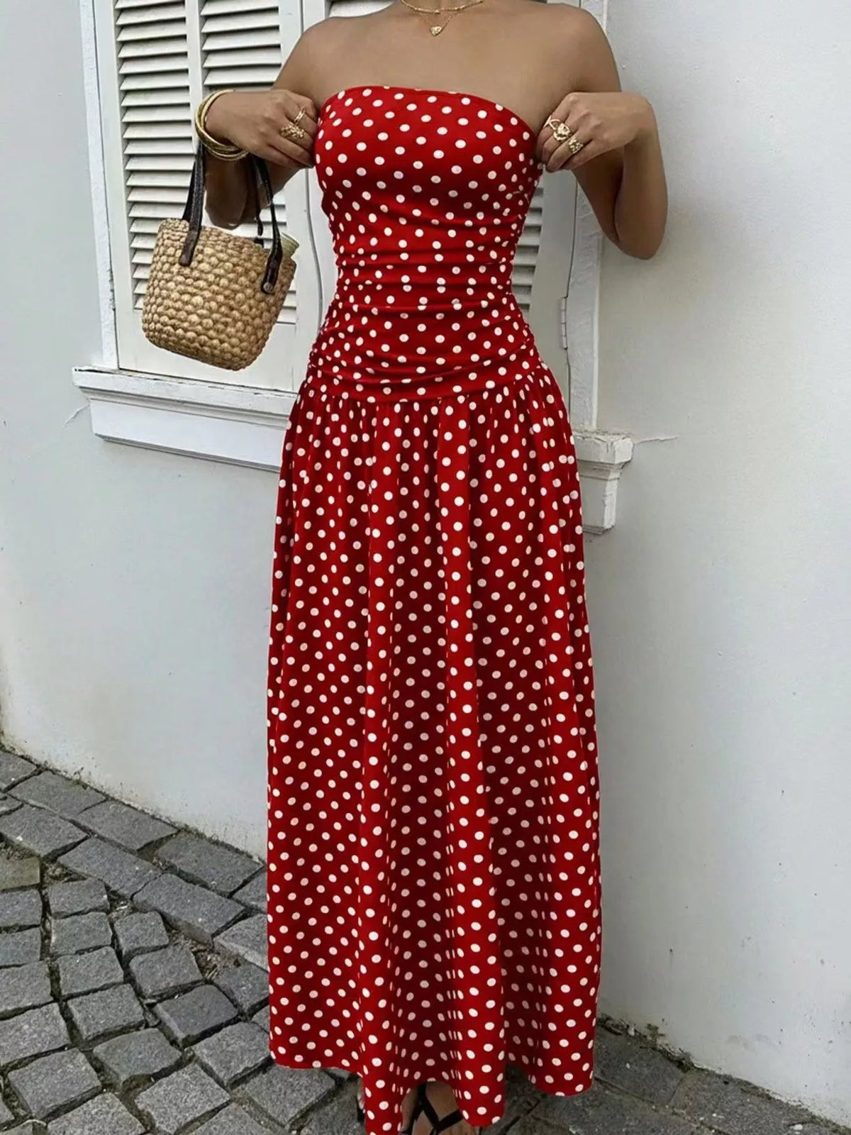 Women's Strapless Polka Dot Ruched Maxi Dress in red dots — front view