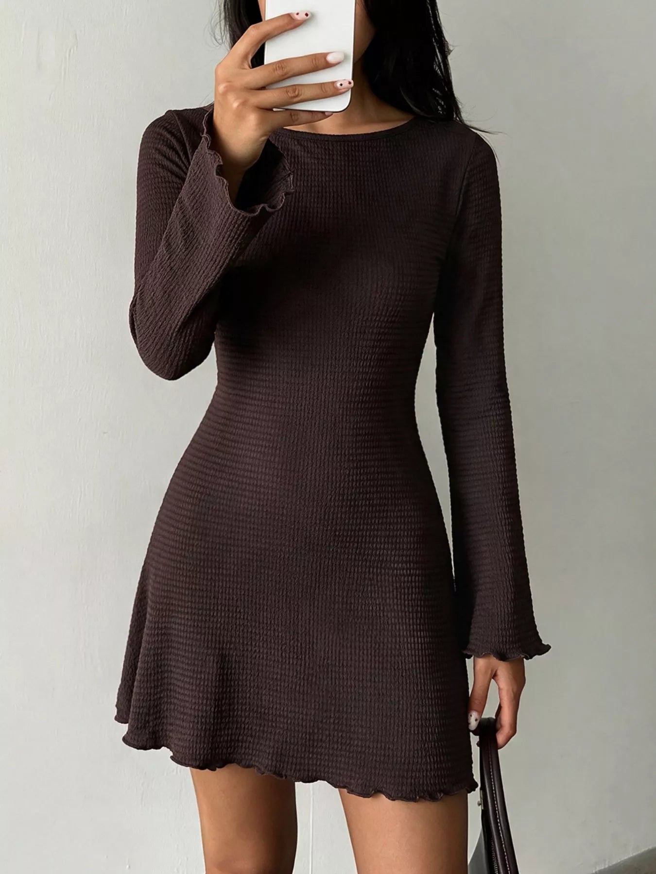 Trendsi Long-Sleeve Waffle Knit Bodycon Mini Dress -