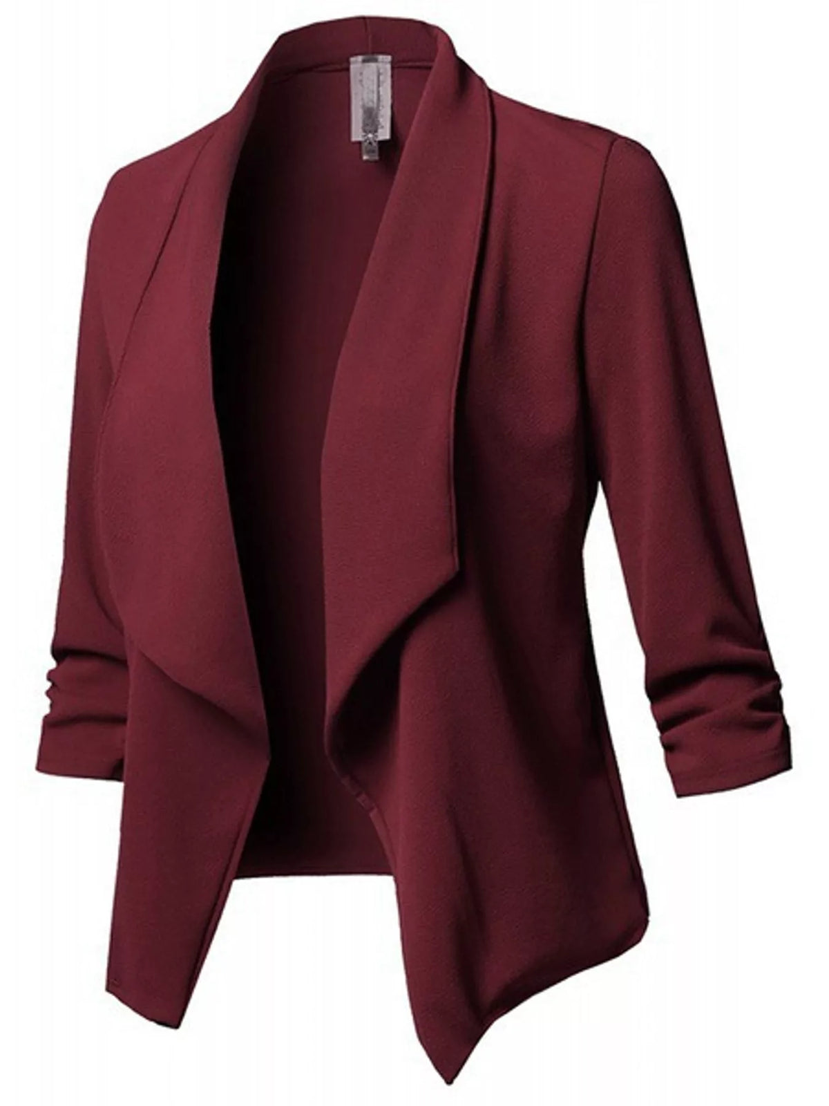 Burgundy open-front blazer with ruched 3/4 sleeves