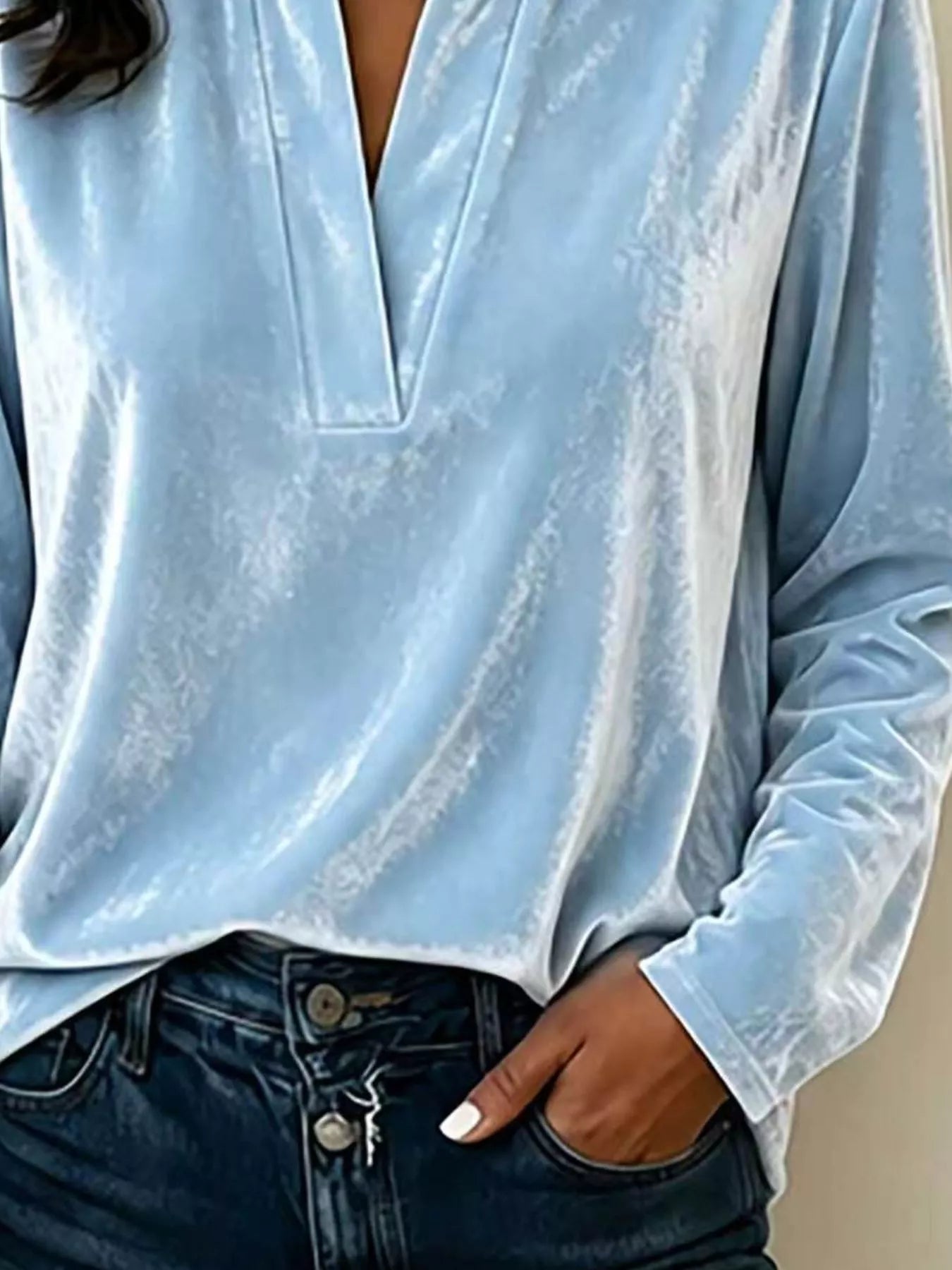 Trendsi Full Size Velvet Notched Long Sleeve Blouse Plus Size -