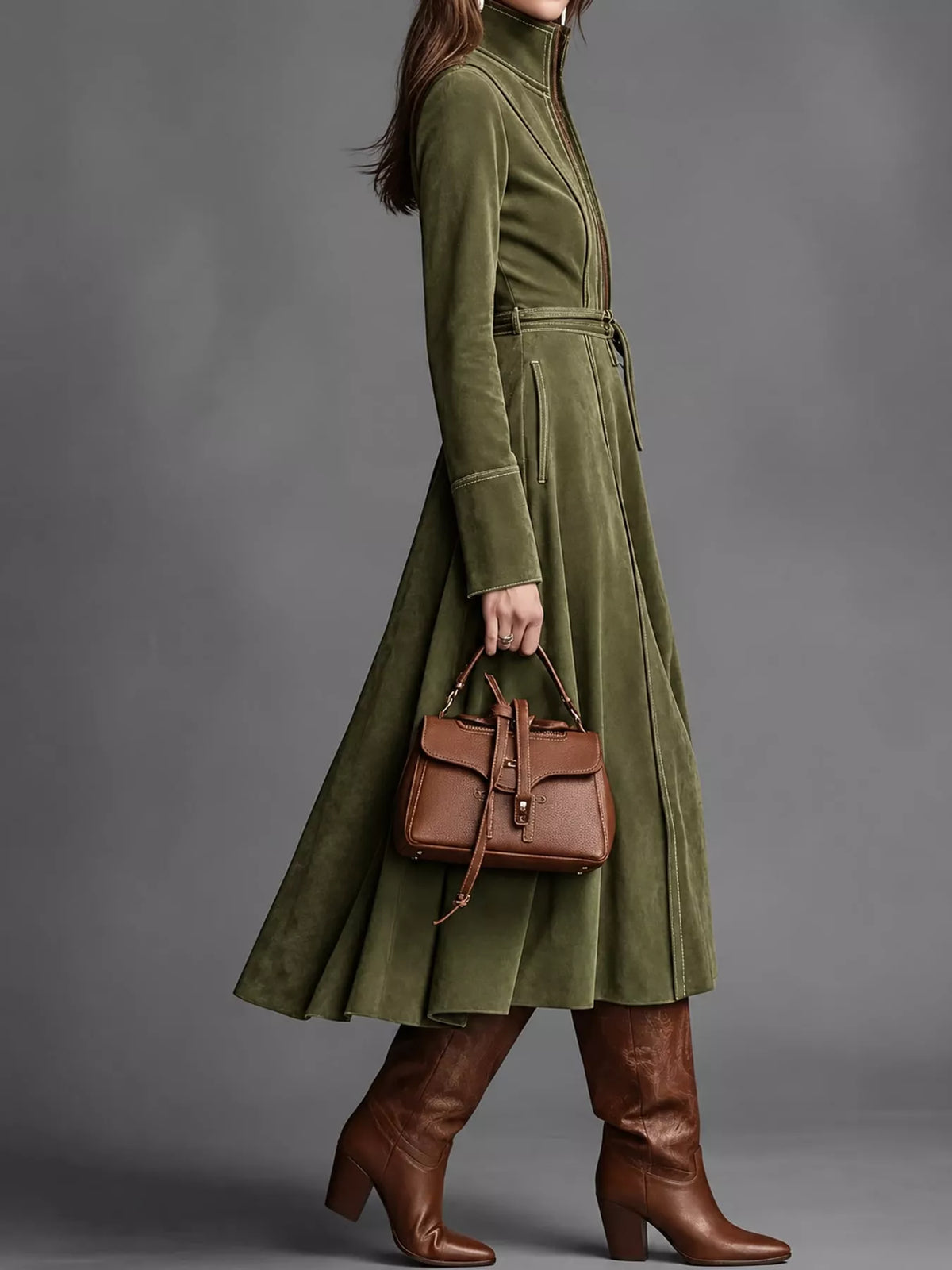 Green zipper front midi dress, side view
