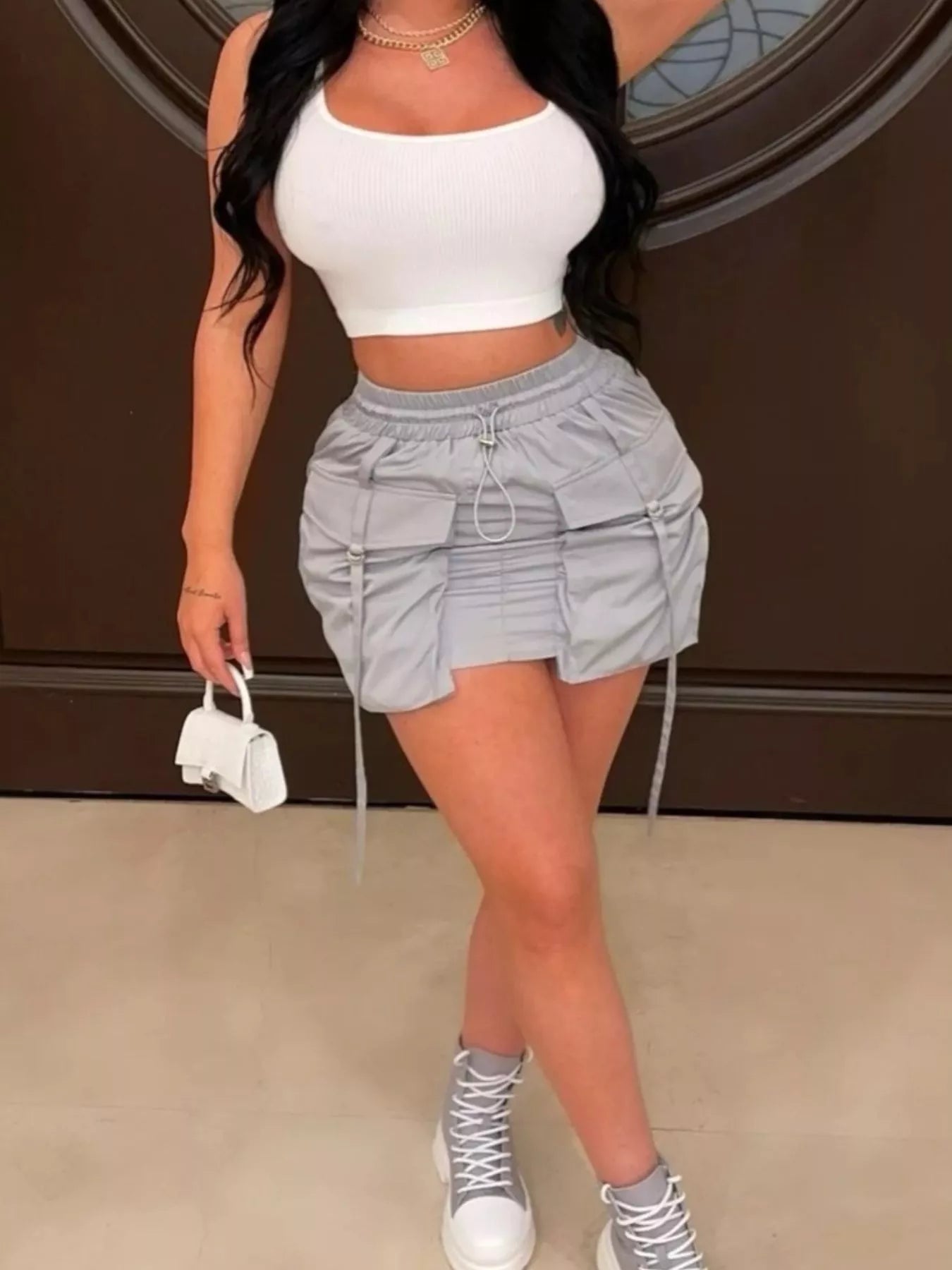 Trendsi Drawstring Cargo Pocket Mini Skirt -